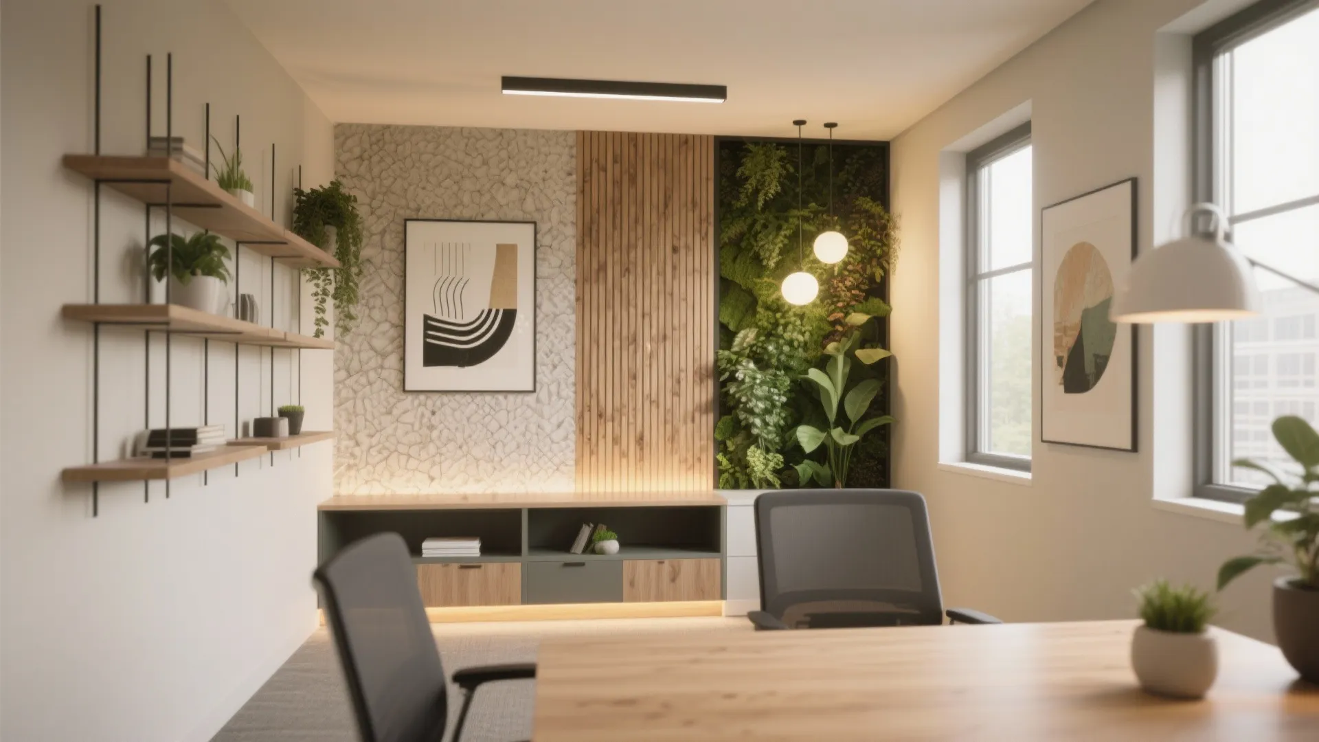 Modern office back wall with wooden panels stone texture green plants cabinet and hanging light