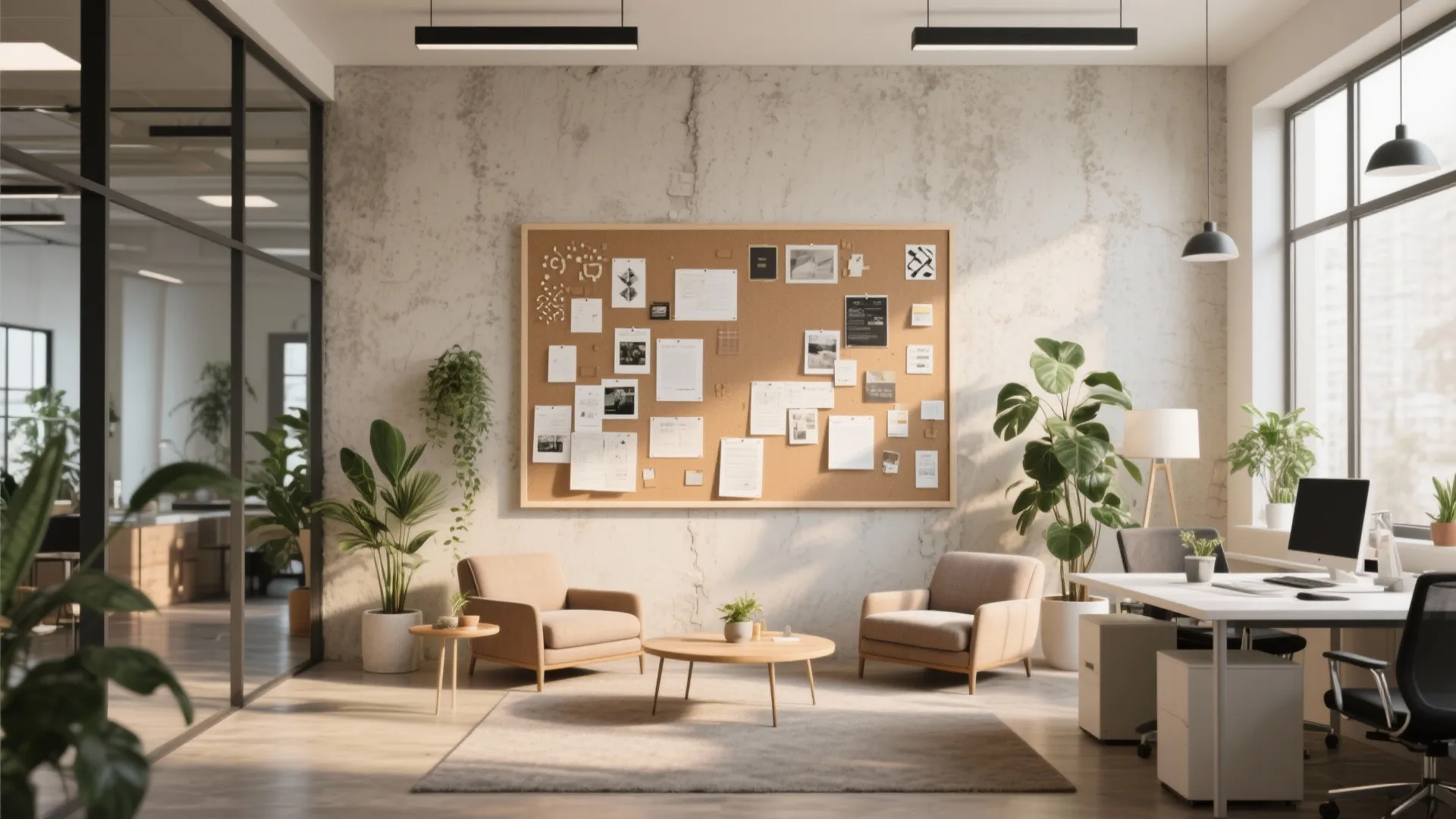 Bright office interior with cork board above two chairs coffee table desk and green plants
