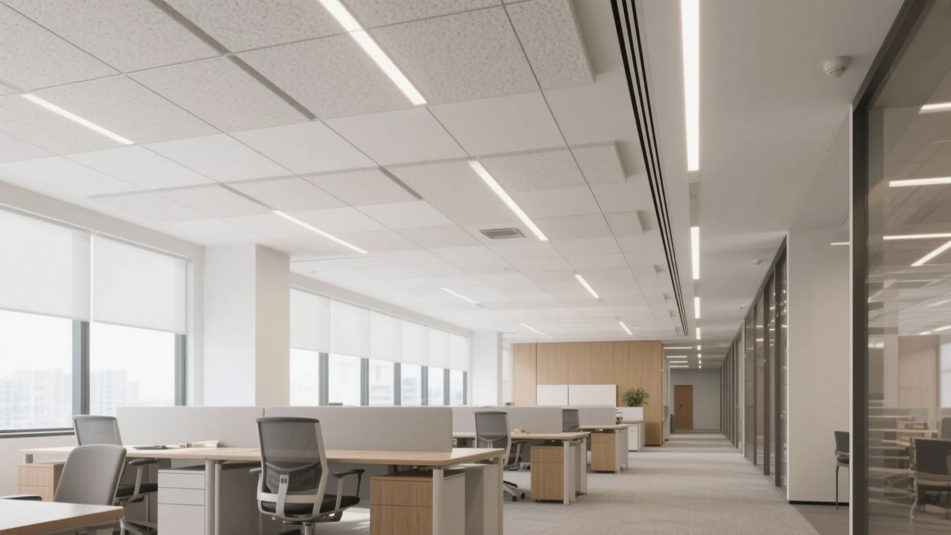 Modern open office space with minimalist desks grey chairs long white ceiling lights and windows