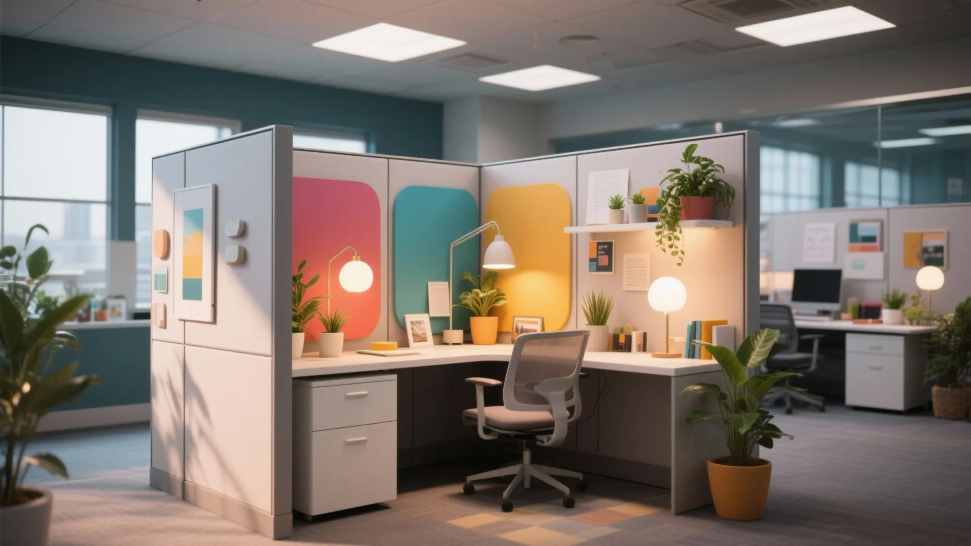 Bright office cubicle with colorful wall panels white desk grey chair and several green plants