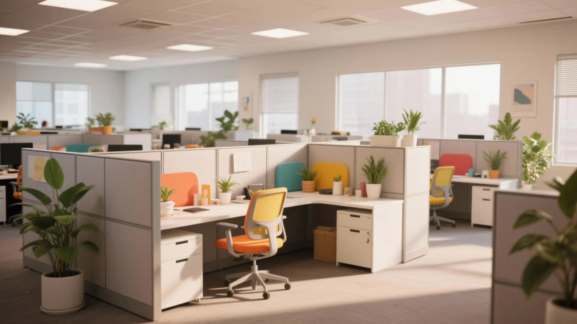 Modern office layout with white cubicles colorful desk chairs green potted plants and large windows