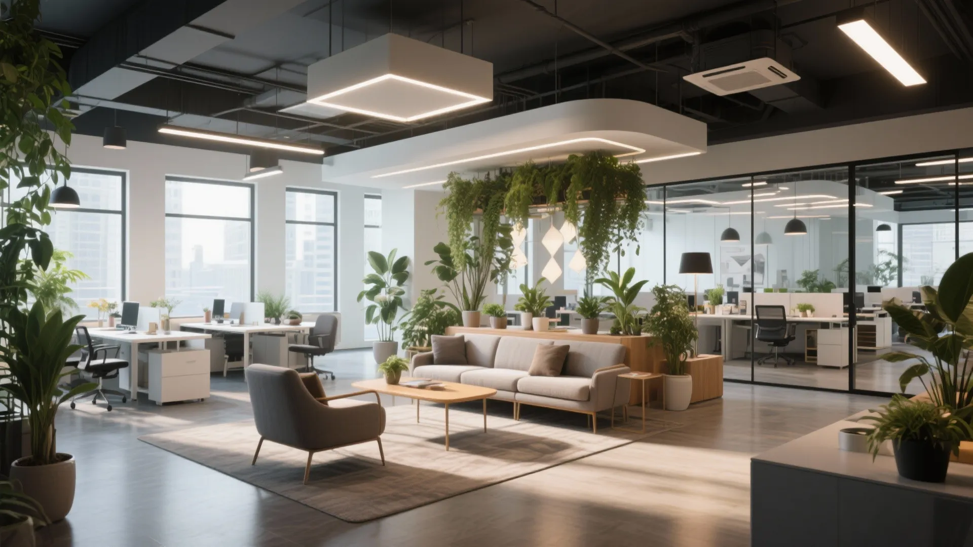 Modern open office with grey sofa, wooden coffee table, green plants, ceiling lights, and workstations