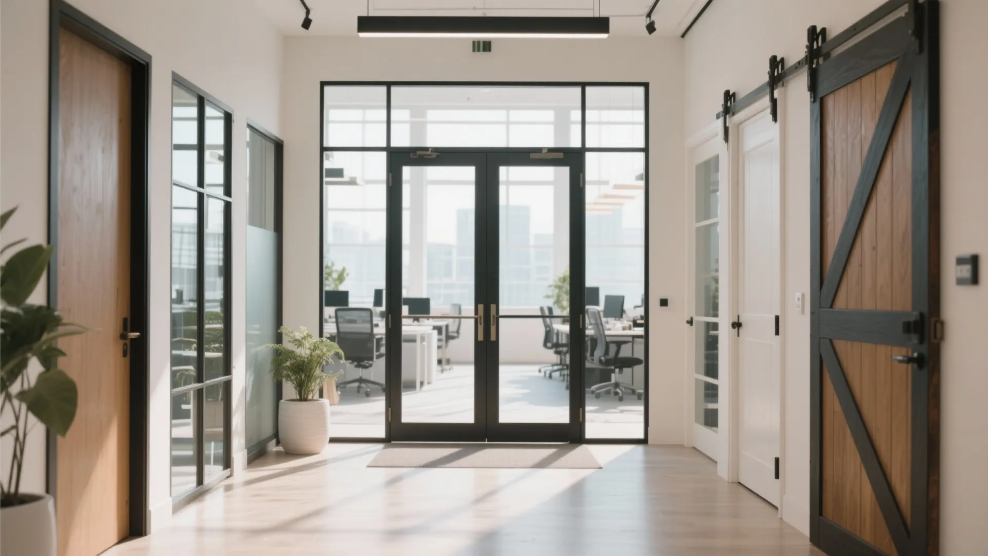 Bright office hallway featuring glass doors and a wooden sliding barn door for modern workspace