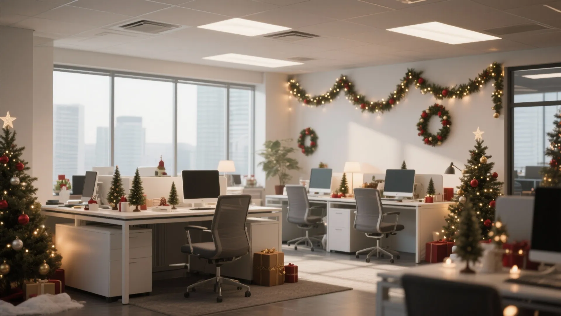 Modern office interior with white desks decorated with small Christmas trees garlands and red ornaments