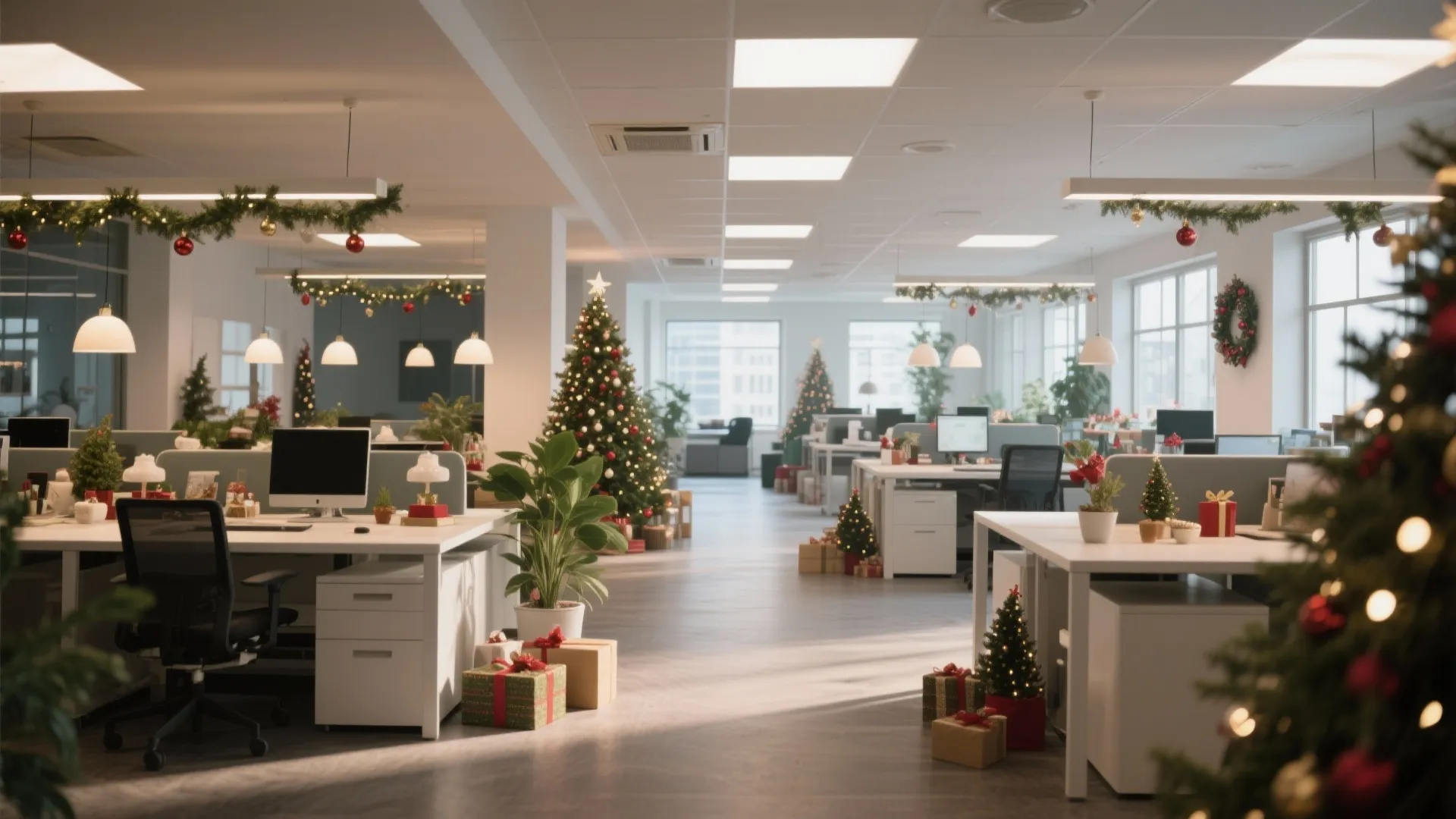 Modern open office with white desks, decorated Christmas trees, gift boxes, and festive ceiling garlands