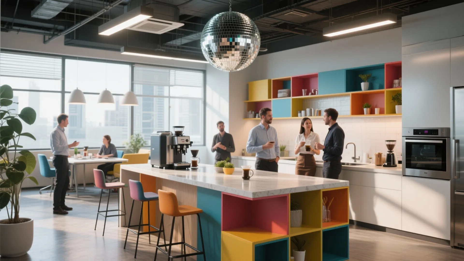 Modern office breakroom with colorful storage units large island disco ball and people talking together