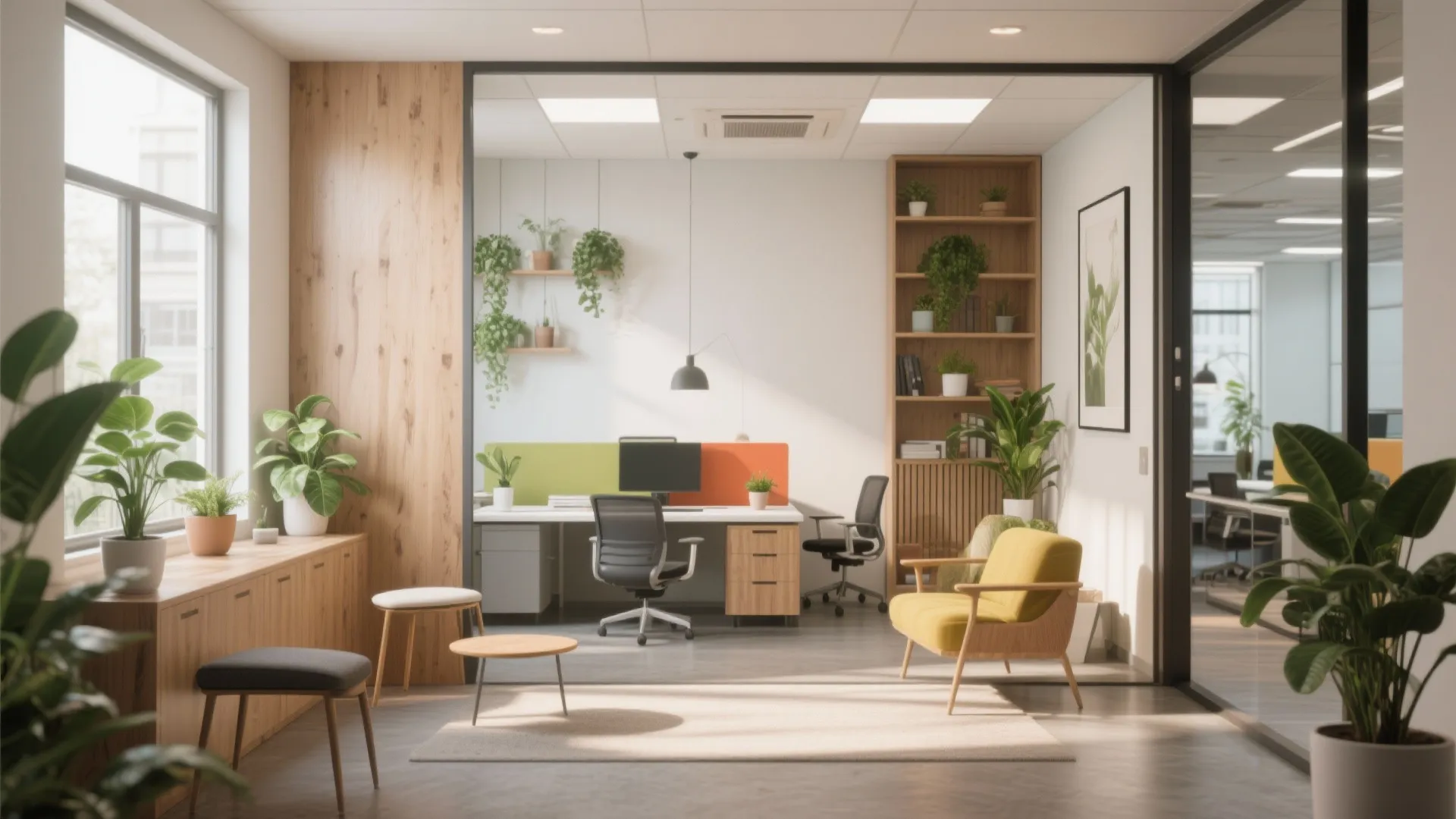 Bright office room with wooden desk black chair yellow sofa tall bookshelf and green plants