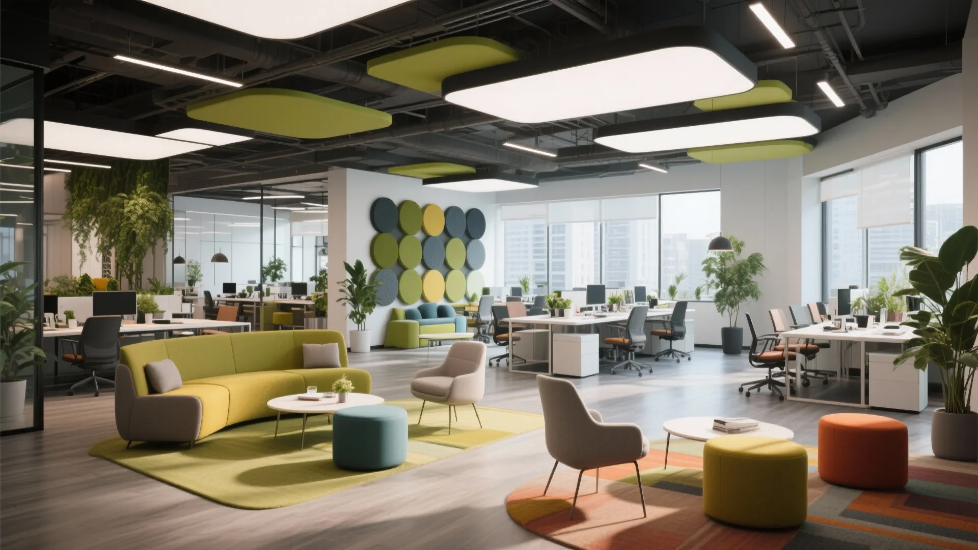 Spacious open office area with colorful sofa chairs green plants large windows and ceiling lights