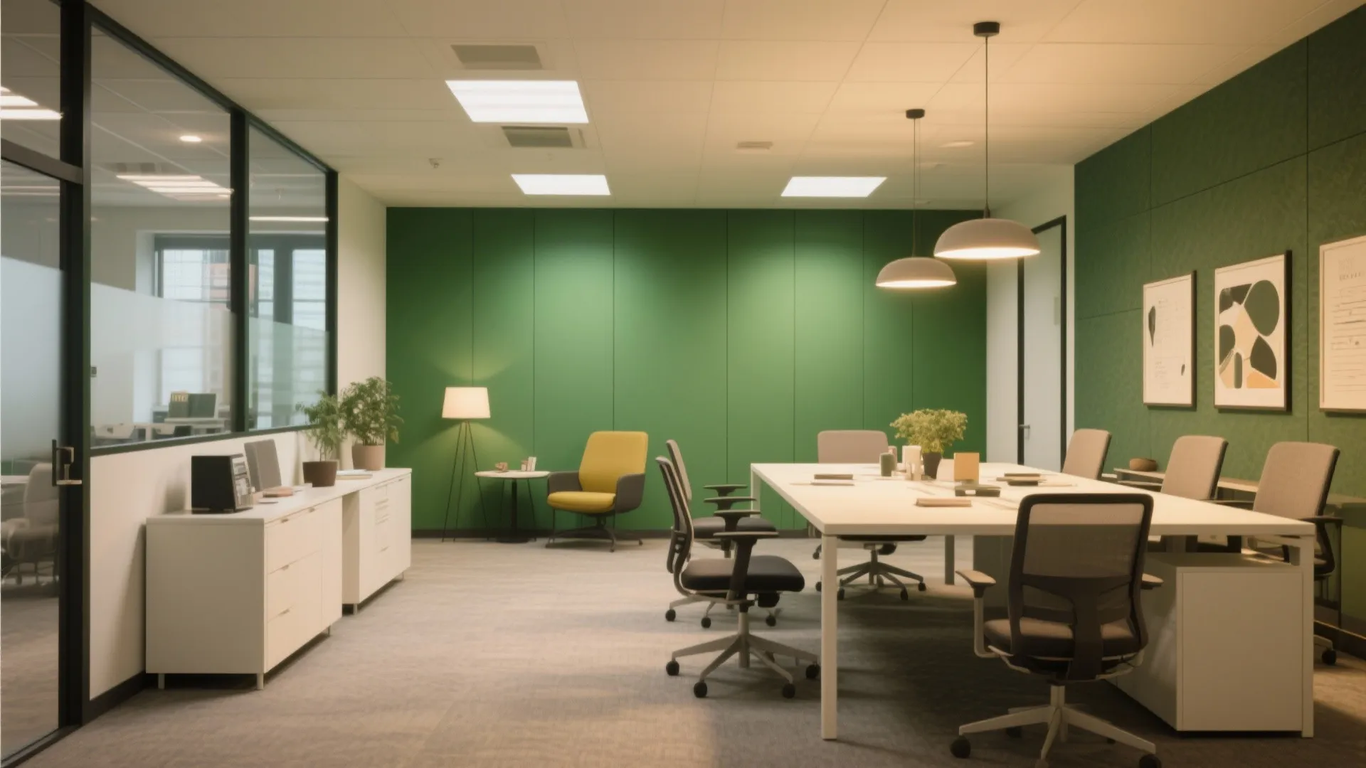 Professional meeting room with green wall long white table grey office chairs and hanging ceiling lights