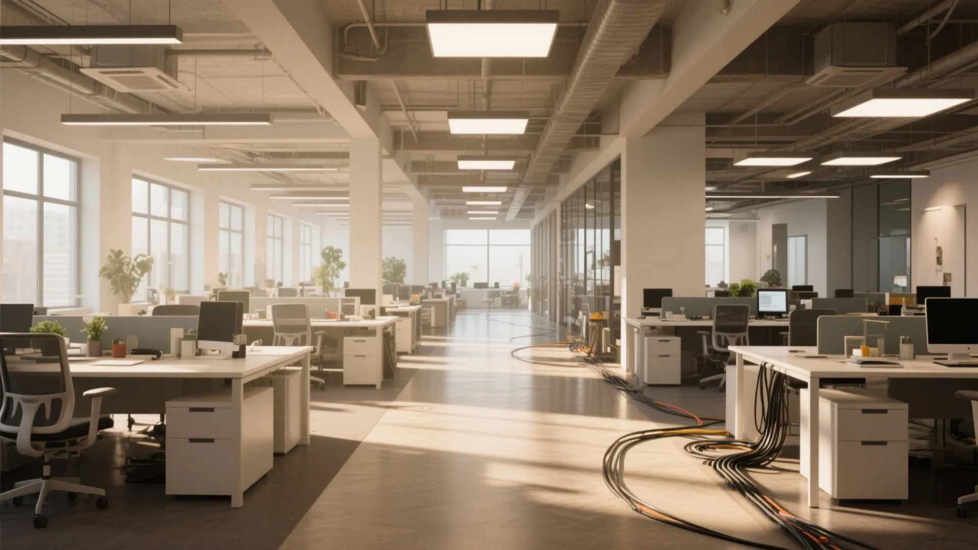 Modern open plan office room with white desks computers ceiling lights windows and many floor cables