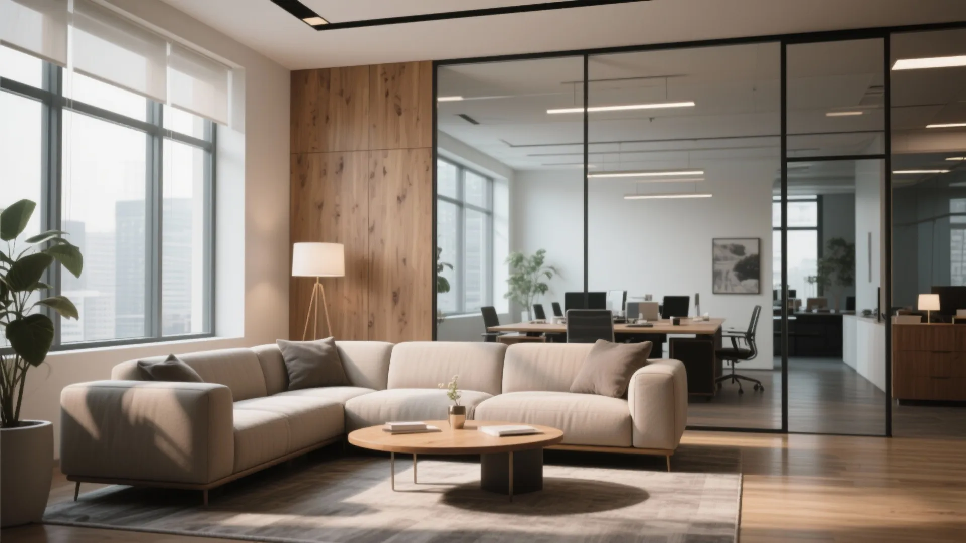 L-shaped beige sofa in office lounge with round wood coffee table and glass wall partition