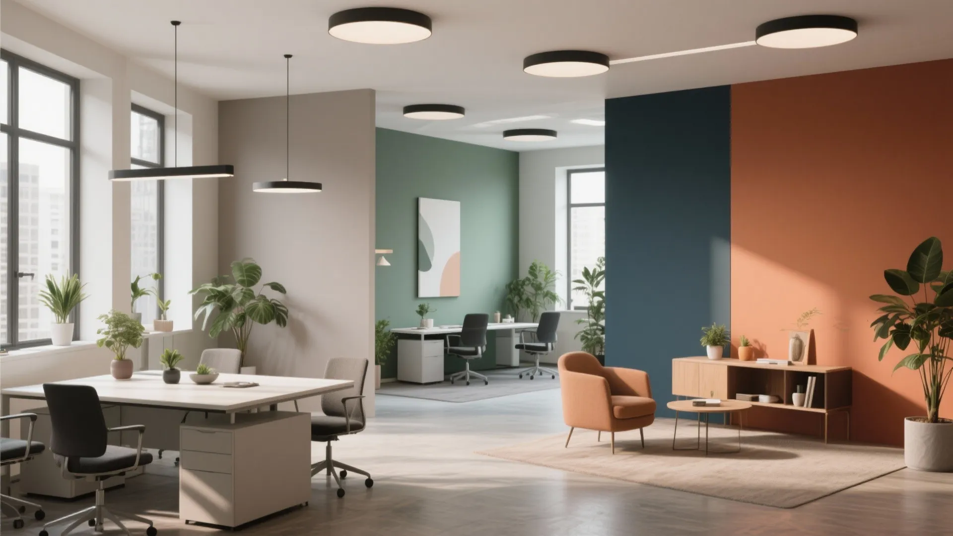 Modern open office with green and orange walls plus white desks and black swivel chairs
