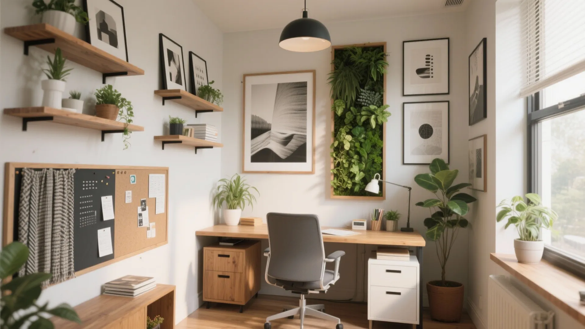 Bright home office with wooden desk grey chair wall shelves green plants and picture frames