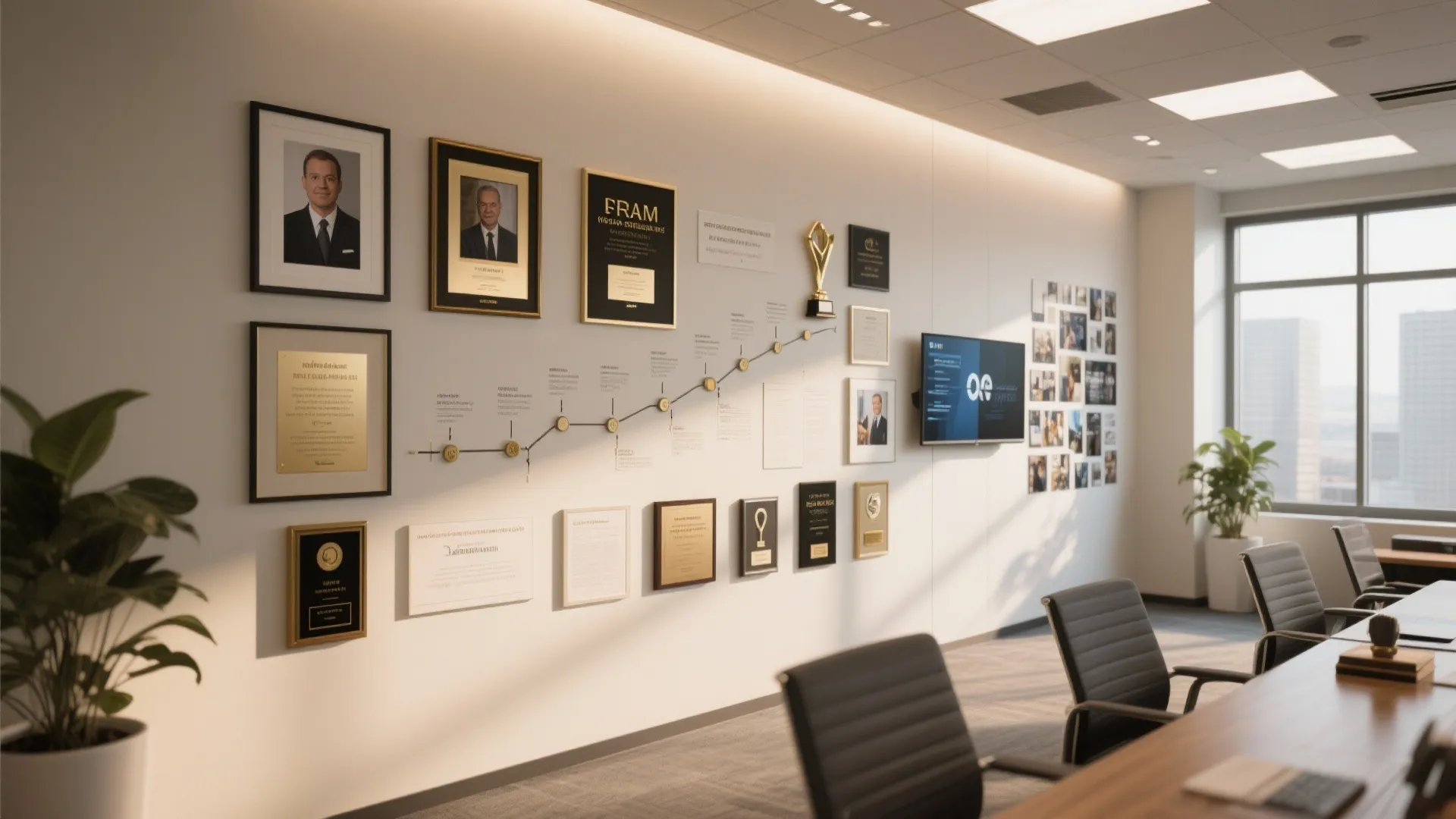 Conference room wall decorated with framed certificates photos and a timeline next to office chairs