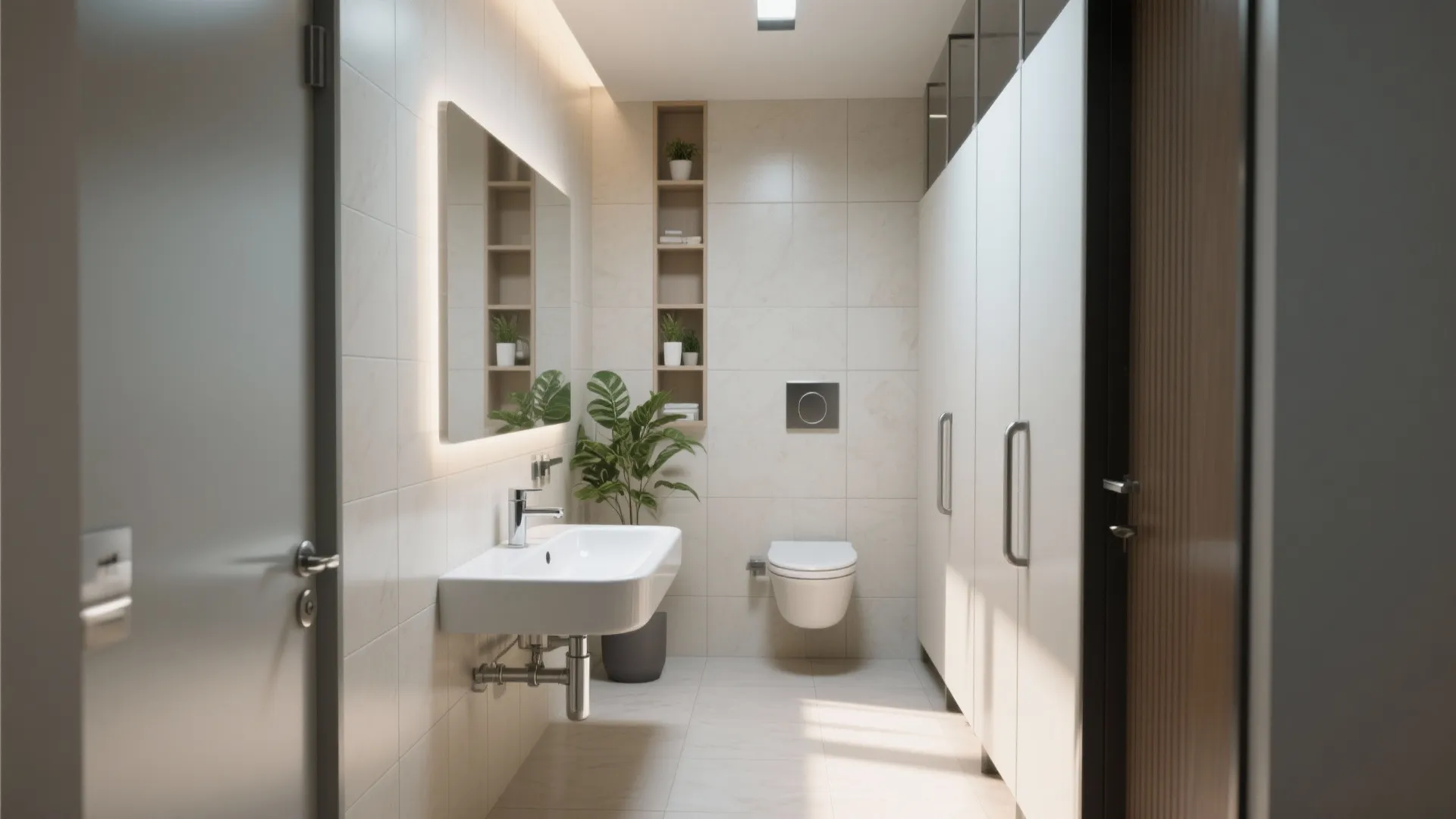 Modern public bathroom with white sink, lighted wall mirror, toilet, green plants, and white doors