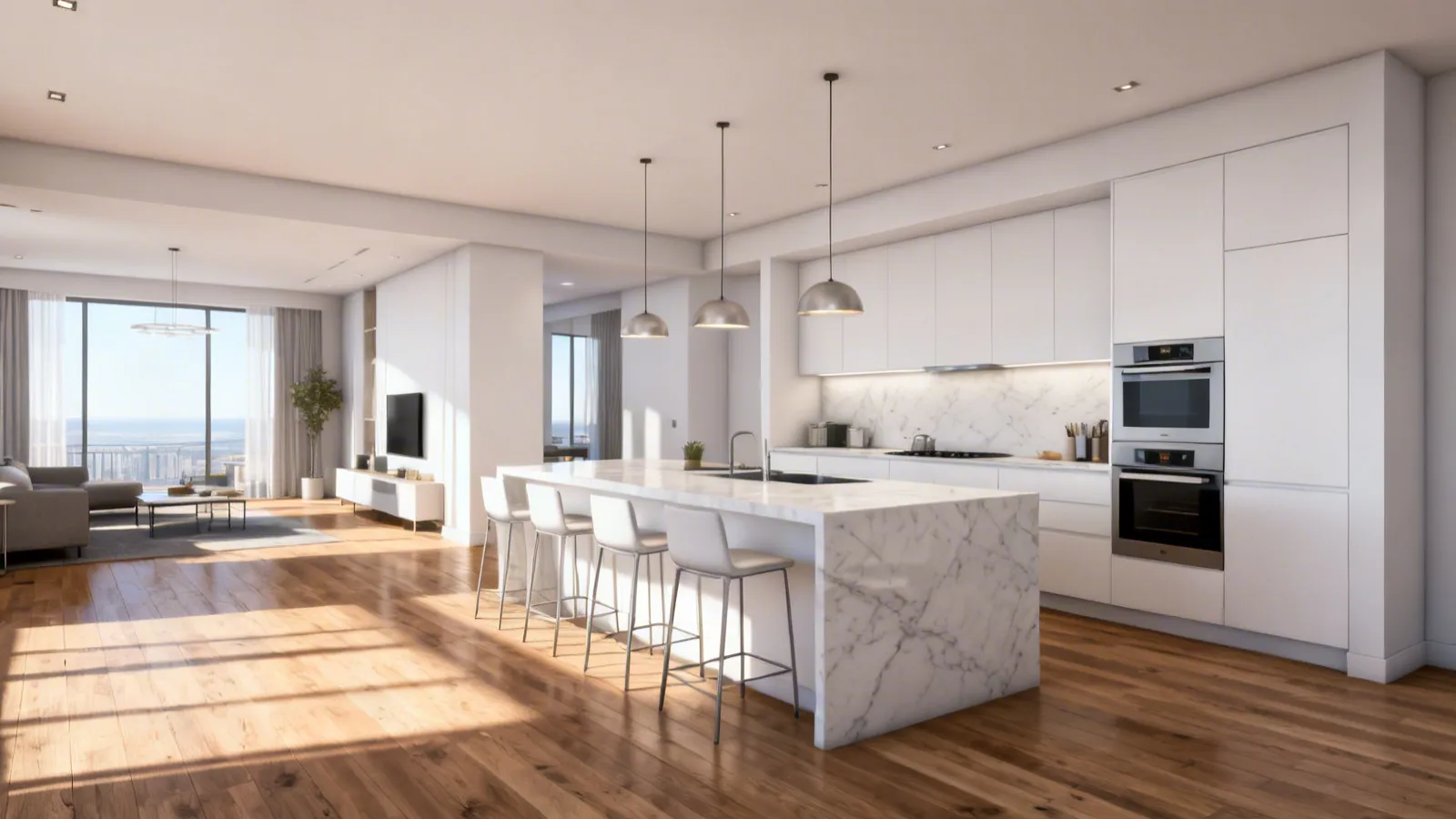 Modern open concept kitchen with island and integrated appliances