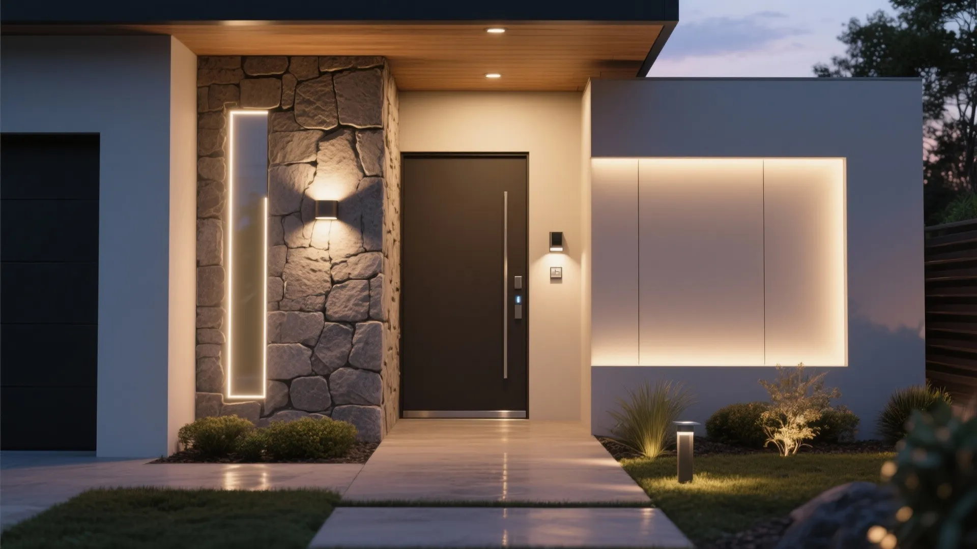 Modern house entrance with stone wall panel and warm outdoor wall lights on garden path