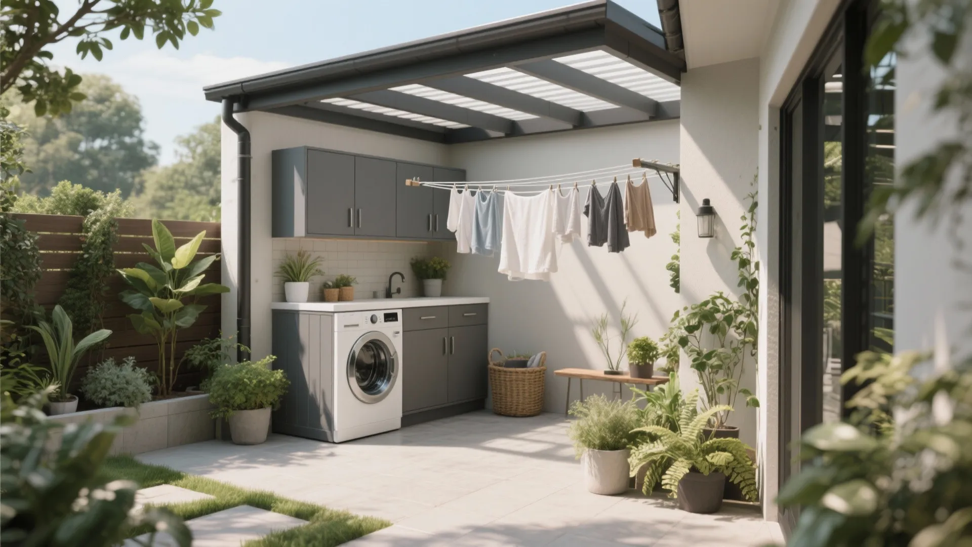 Modern outdoor laundry area with grey cabinets washing machine clothesline plants and a grey roof cover