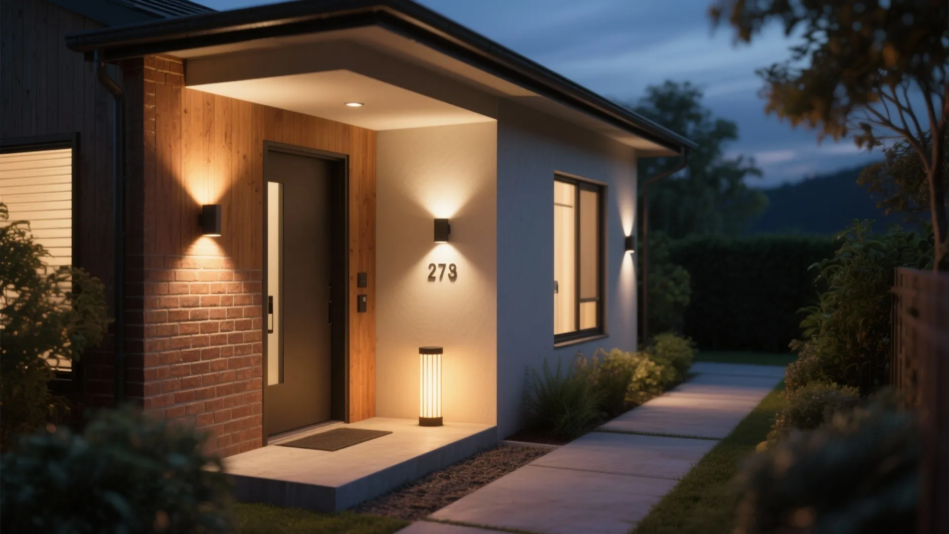 Modern house entrance with wall light fixtures on brick wall and garden path at night