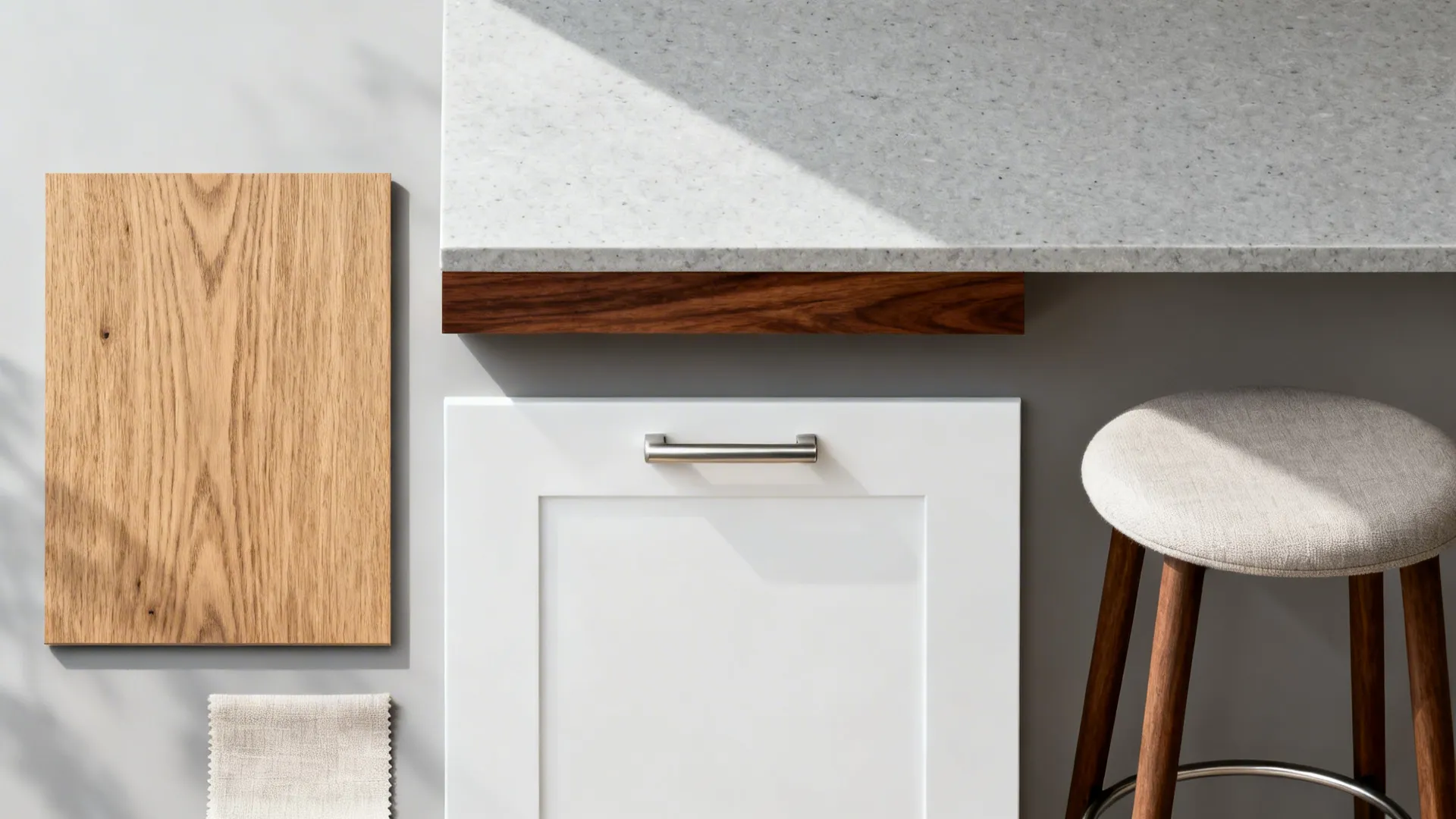 Flat lay of rift oak, walnut, matte white door, light gray quartz, and brushed stainless finishes.