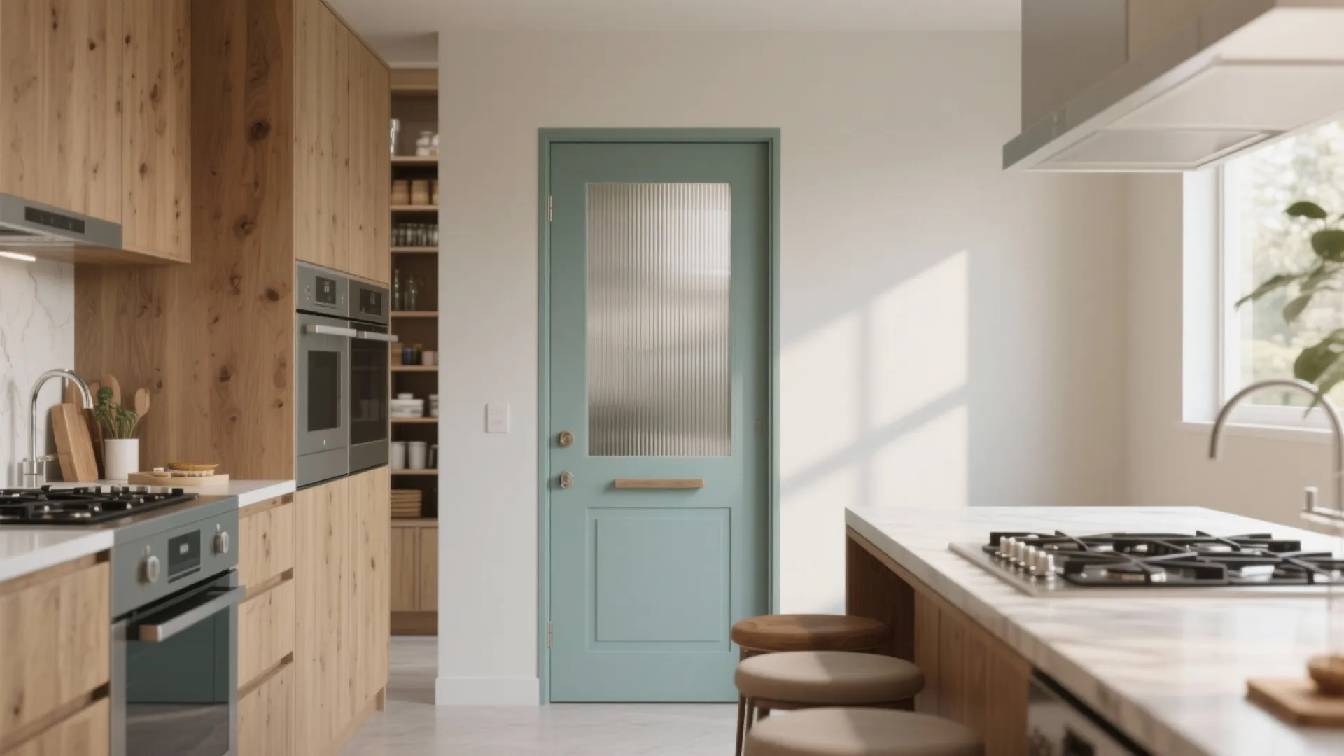 Modern kitchen with wood cabinets light green pantry door glass insert bar stools and island