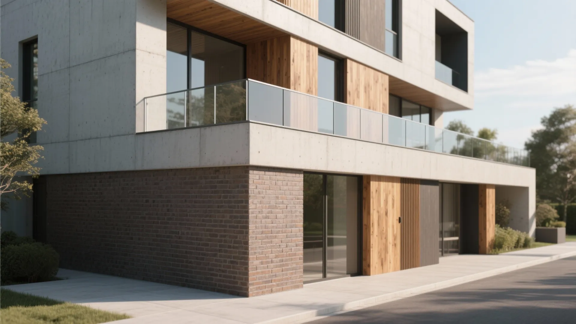 Modern apartment building with concrete walls glass balcony railing wood details and grey brick base