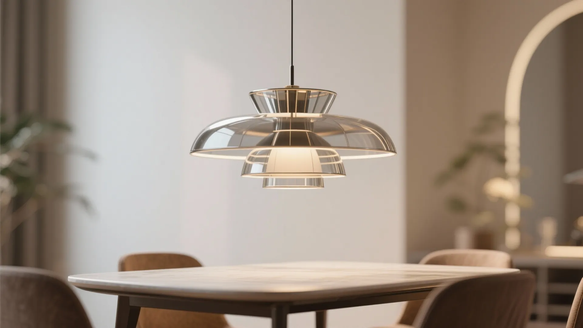 Modern silver ceiling light hanging over a wooden table in a brightly lit dining room