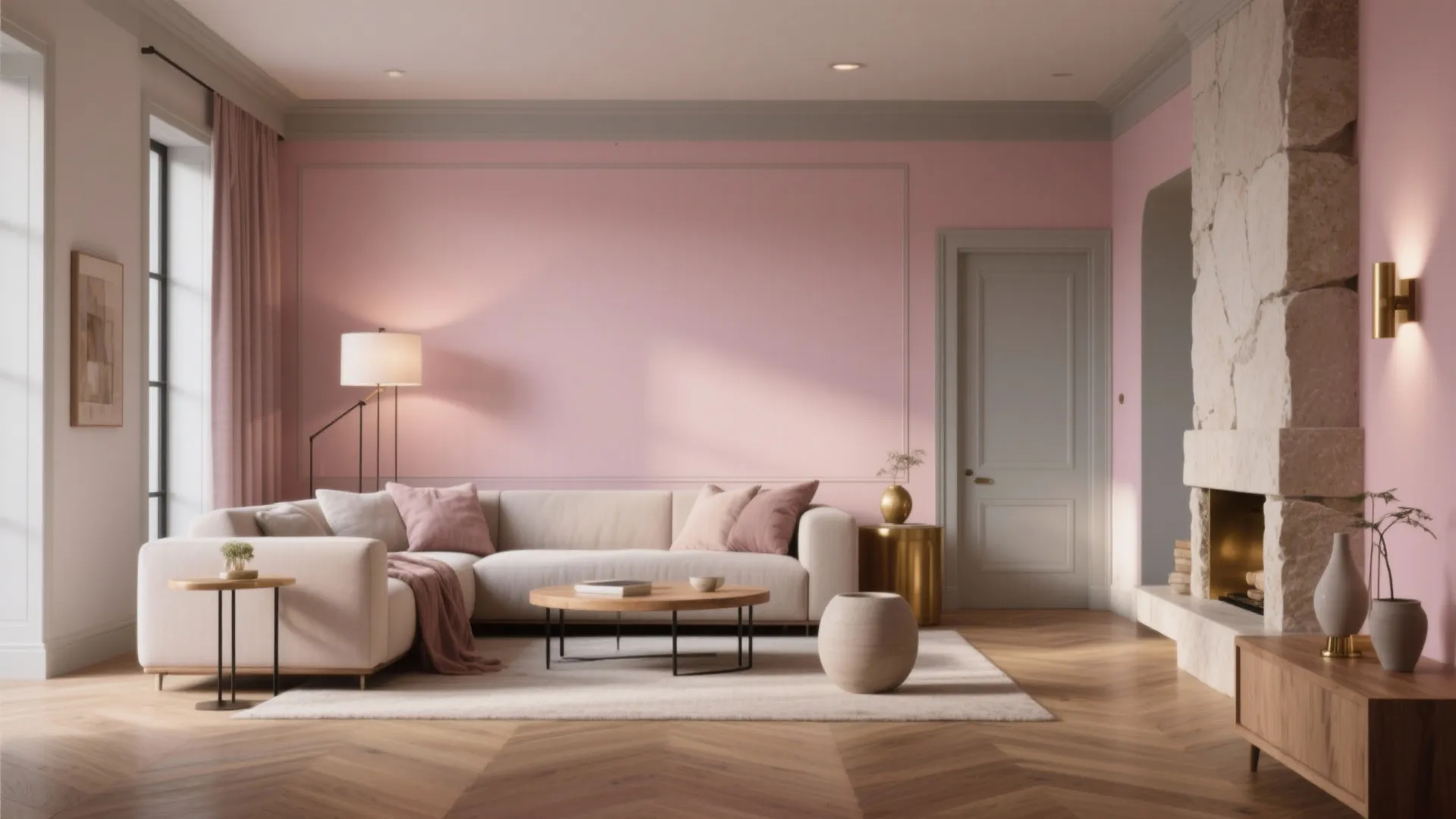 Modern living room with pink walls white sofa wooden floor stone fireplace and soft light