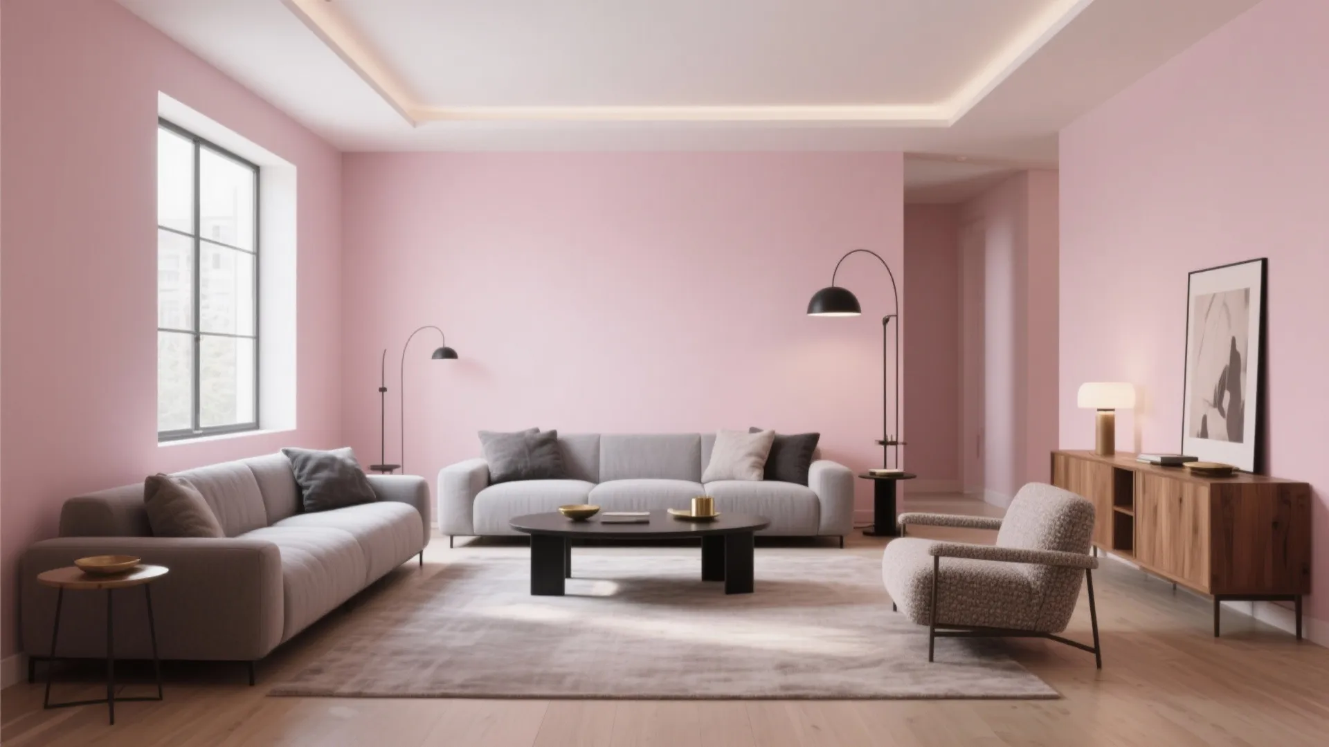 Modern pink living room with grey sofas black coffee table floor lamps and wooden cabinet