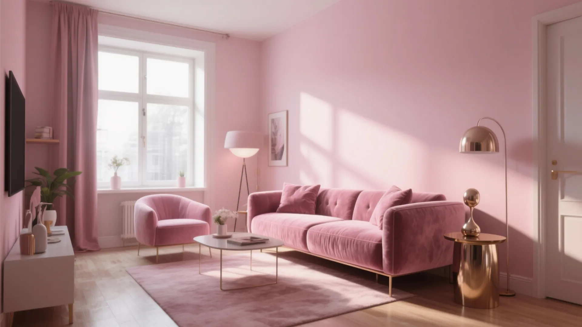 Modern pink living room with velvet sofa, matching rug, gold side table, and floor light