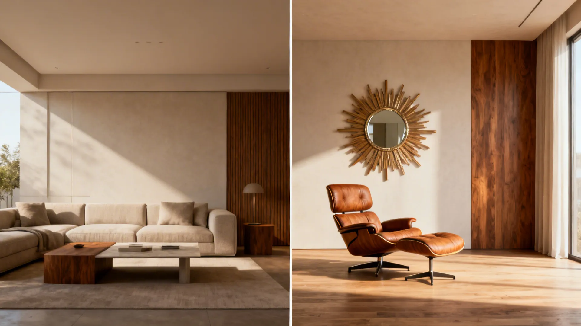 Split view before-and-after of a living room showing modern minimalism on one side and one retro focal piece on the other