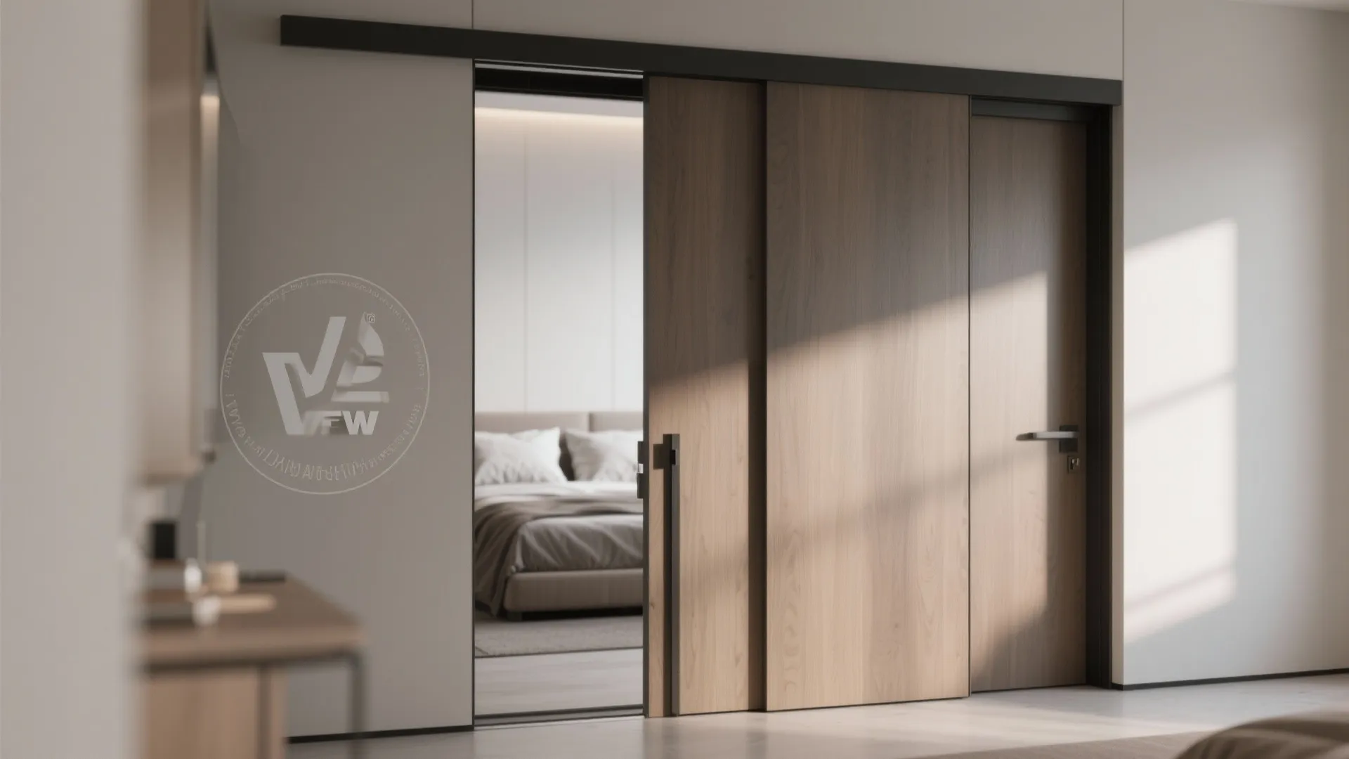 Wooden sliding door opening into a modern bedroom with a grey bed and white walls