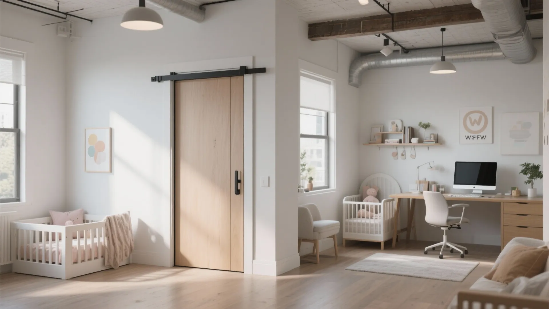 Light wood sliding door in a bright white room with a baby crib and office