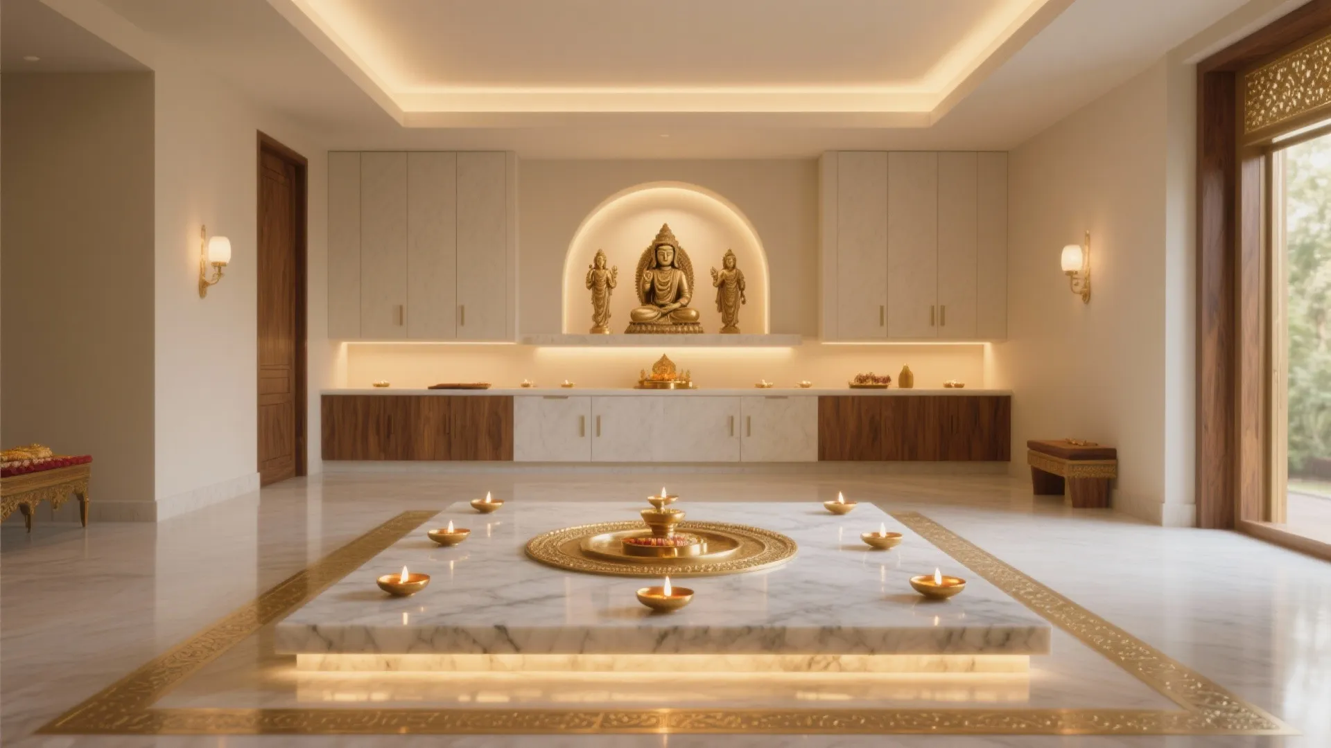 Modern prayer room with golden statues inside a wall niche and small oil lamps on marble