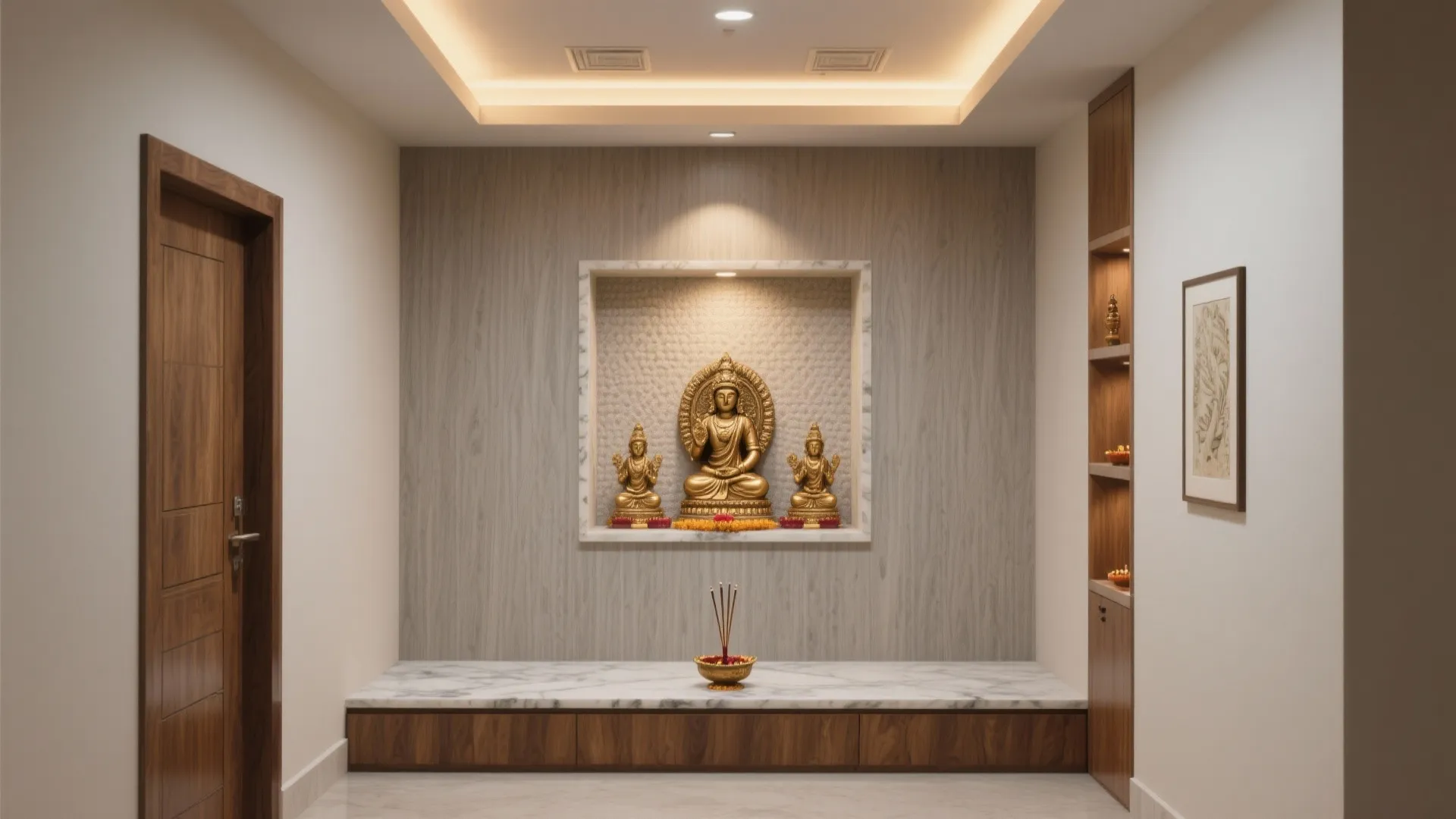 Modern prayer room with golden statues on marble platform featuring light grey wood wall panels