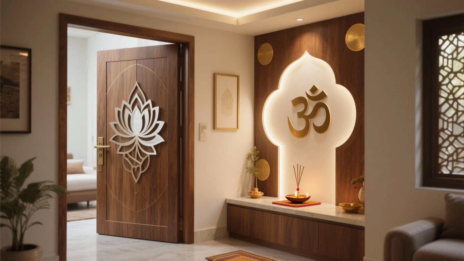 Modern prayer room entrance with wooden door lotus pattern wall panel and soft warm hidden lighting