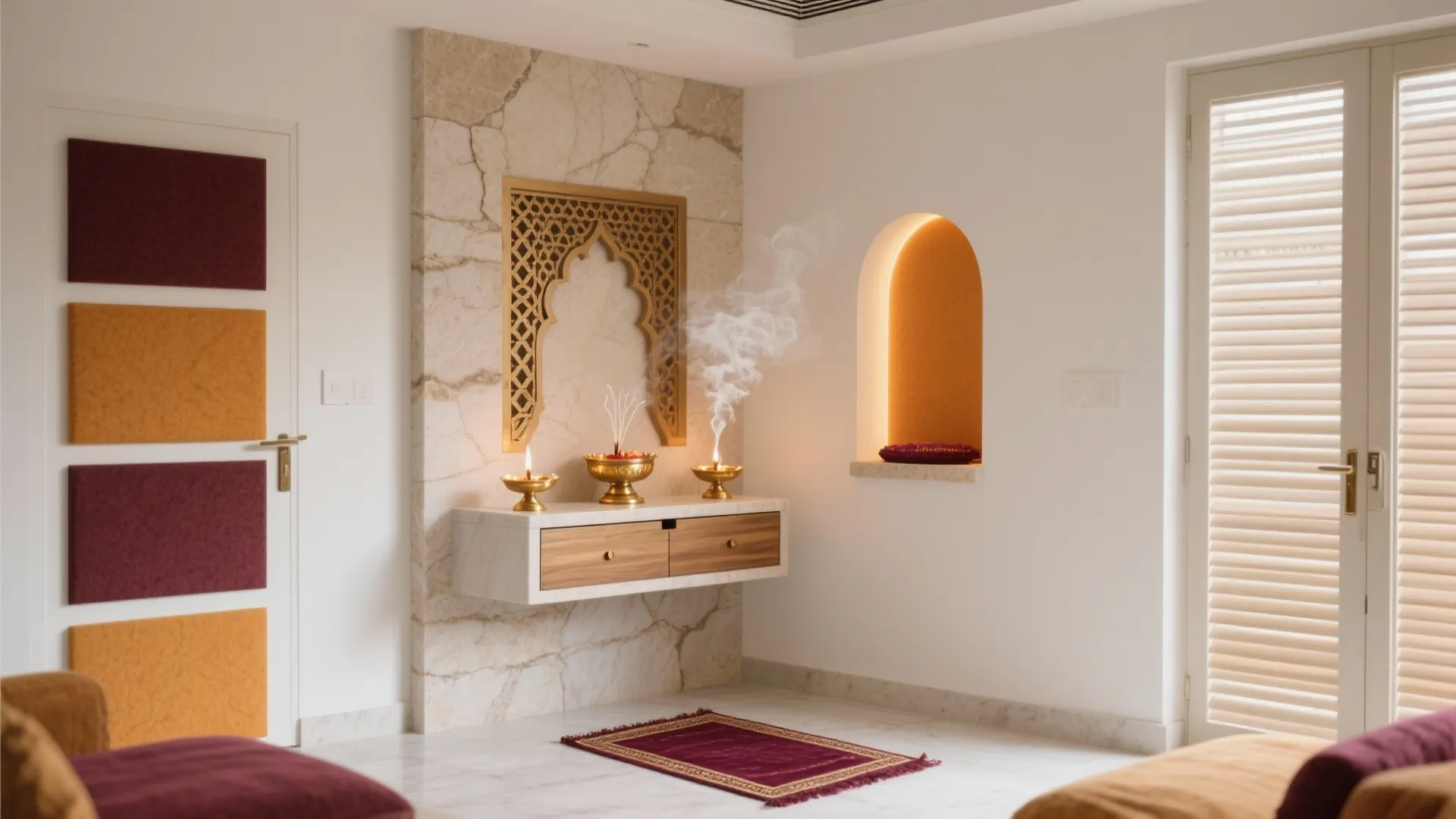 Modern prayer room featuring white marble wall panel golden wall art and light fixture with smoke