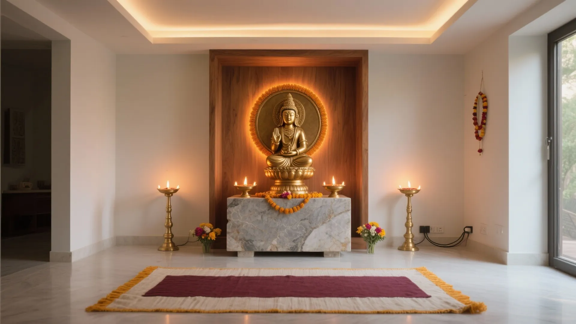 Modern prayer room with golden statue on marble table inside wooden wall frame and rug