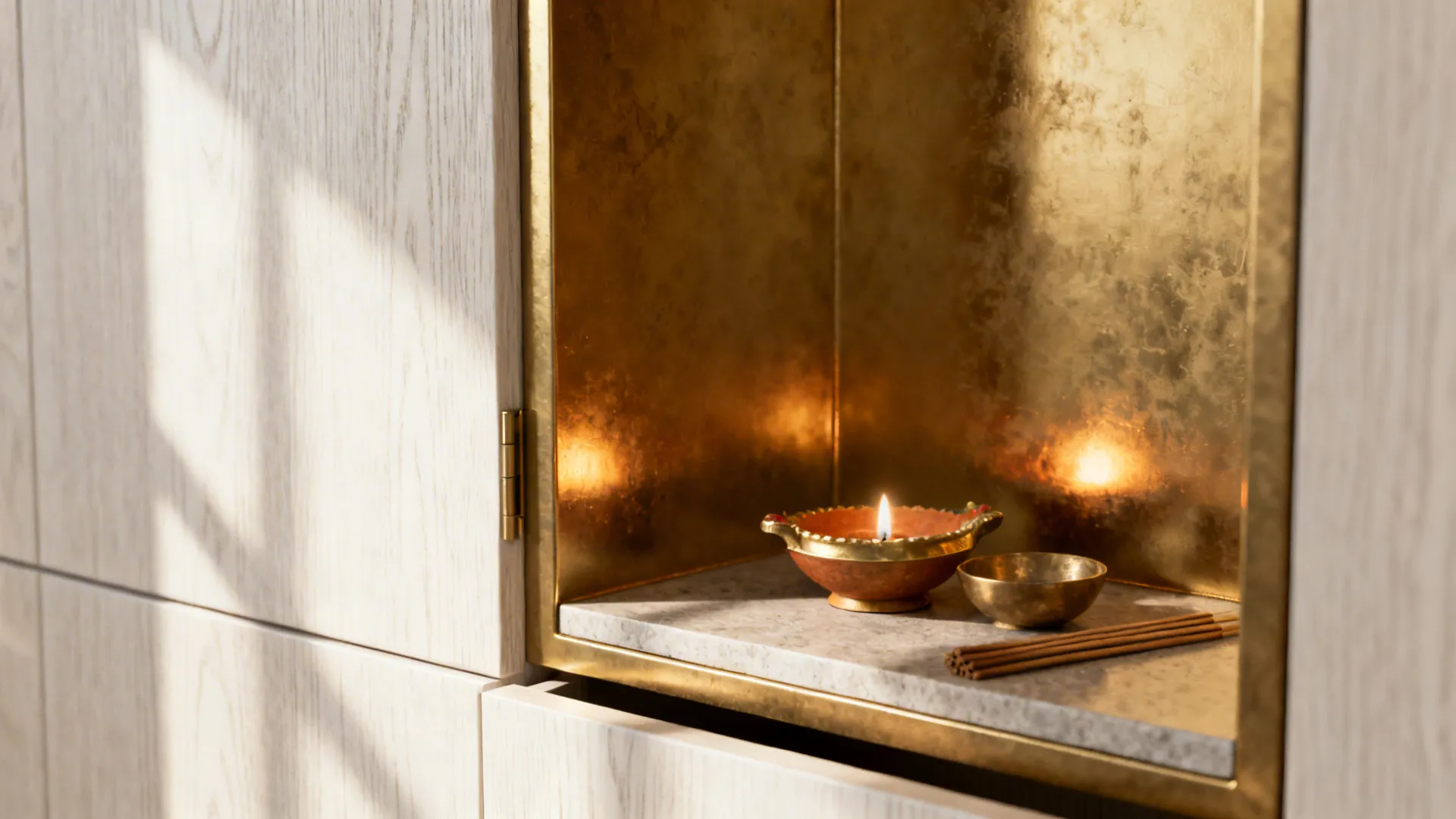 Macro view of a modern pooja niche with white ash veneer and brass backplate.