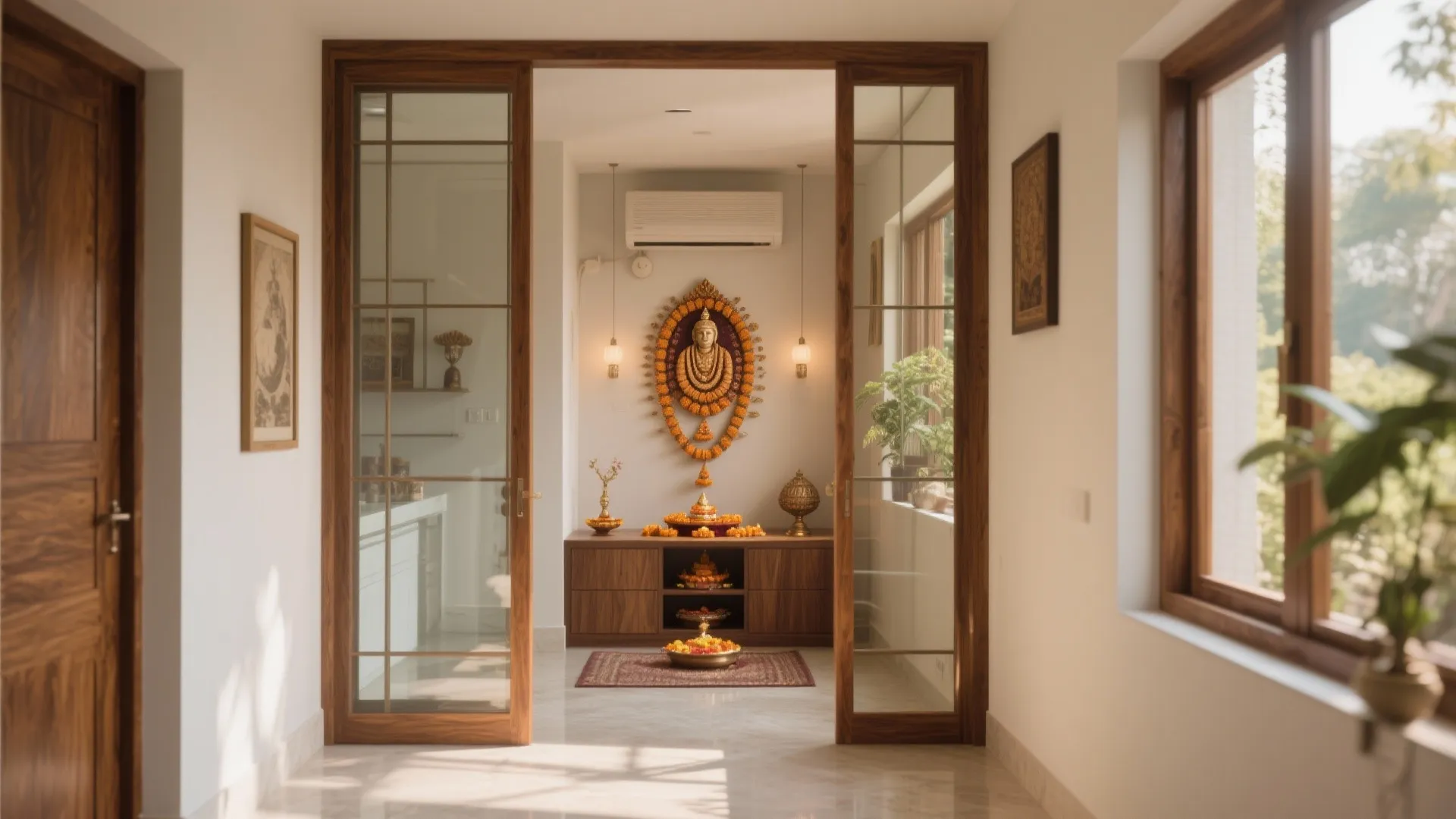 Wooden frame glass doors leading into a bright prayer room with white walls and cabinet