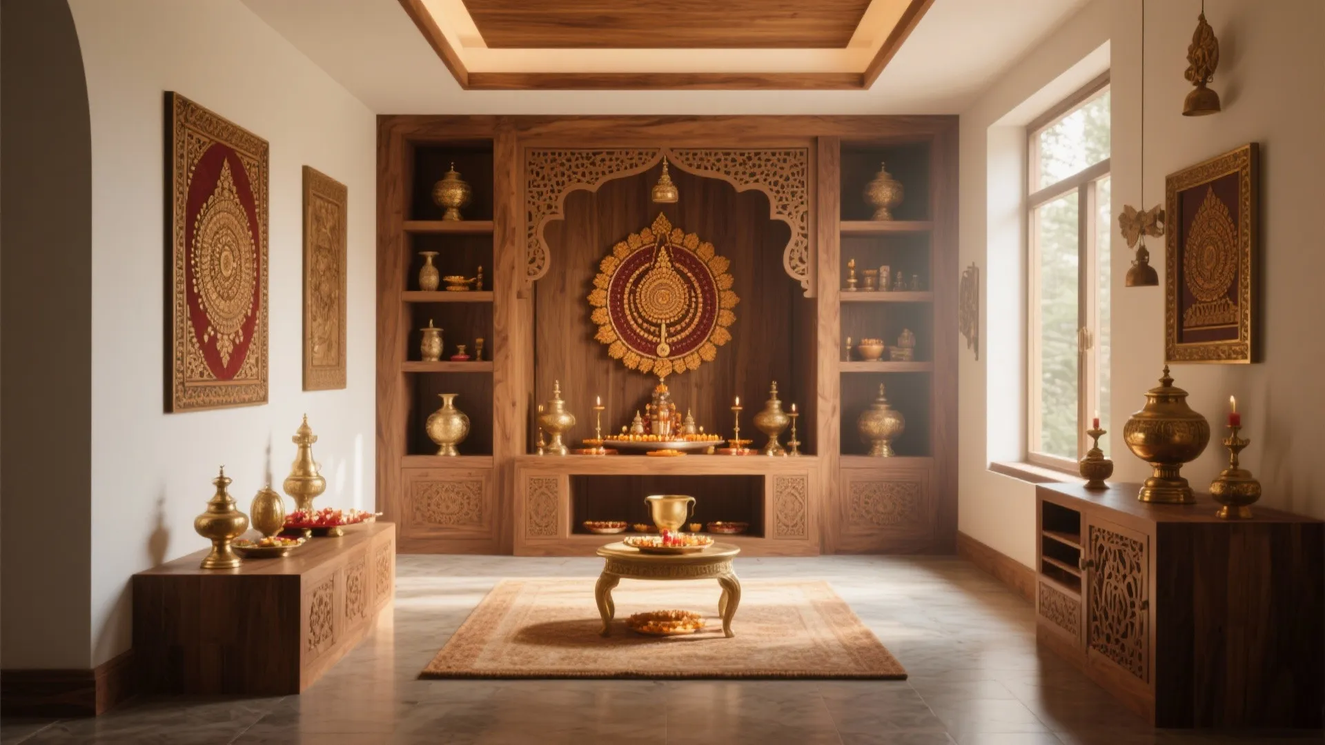 Large wooden prayer room with built in shelves golden ornaments wall art and small table