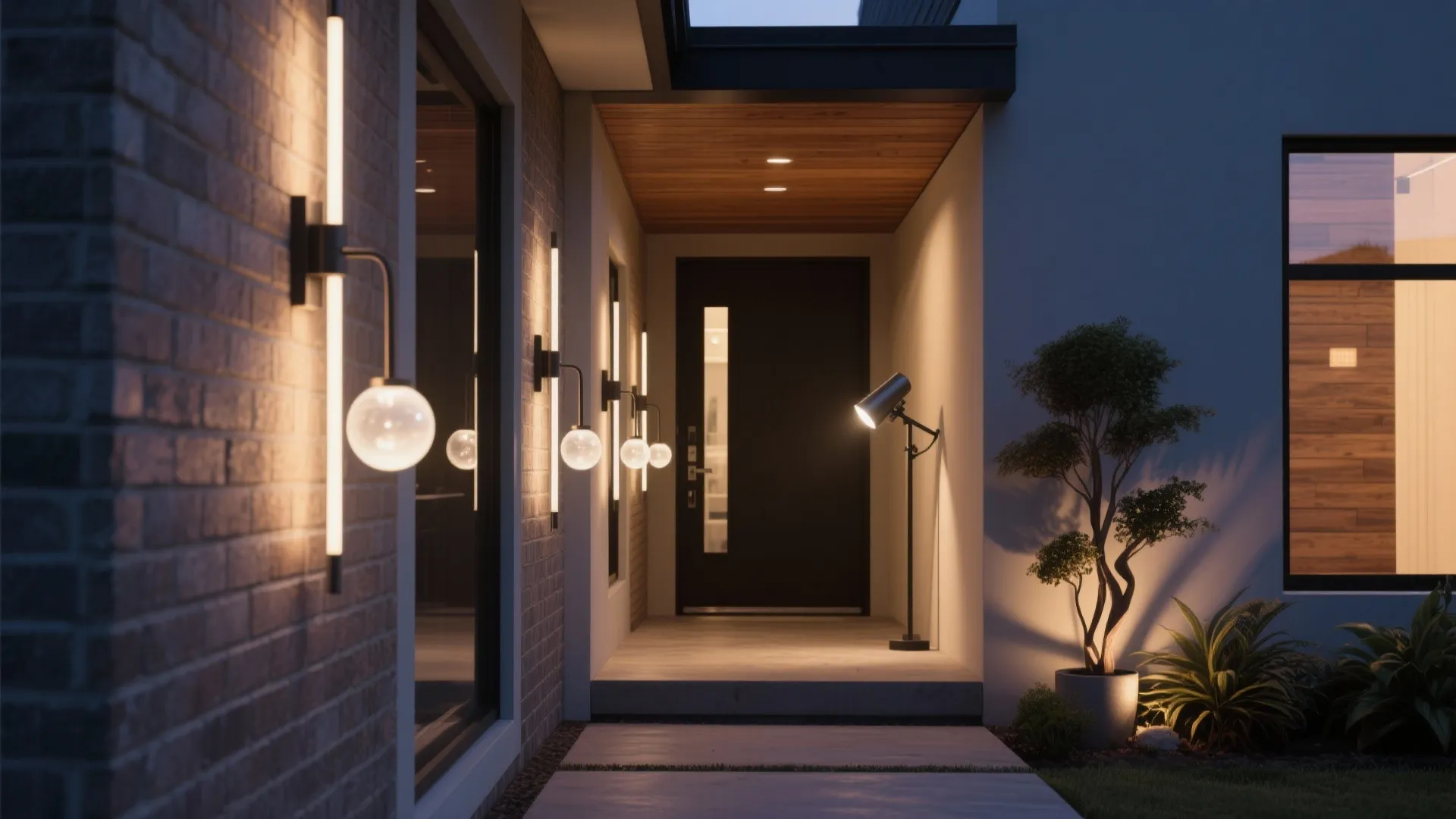 Modern house entrance at night with warm wall light fixtures illuminating the walkway and front door