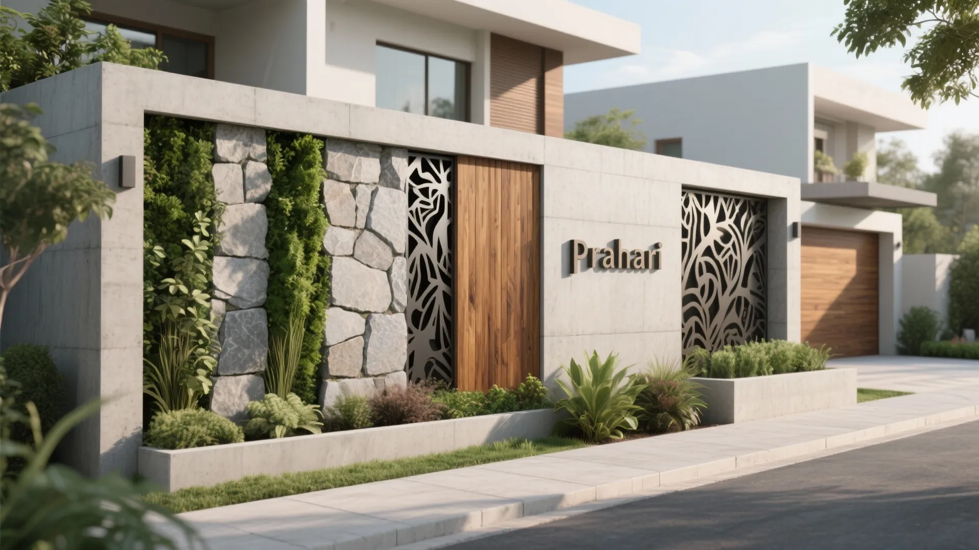 Modern exterior house wall featuring stone textures wood panels green plants and decorative metal screen panels