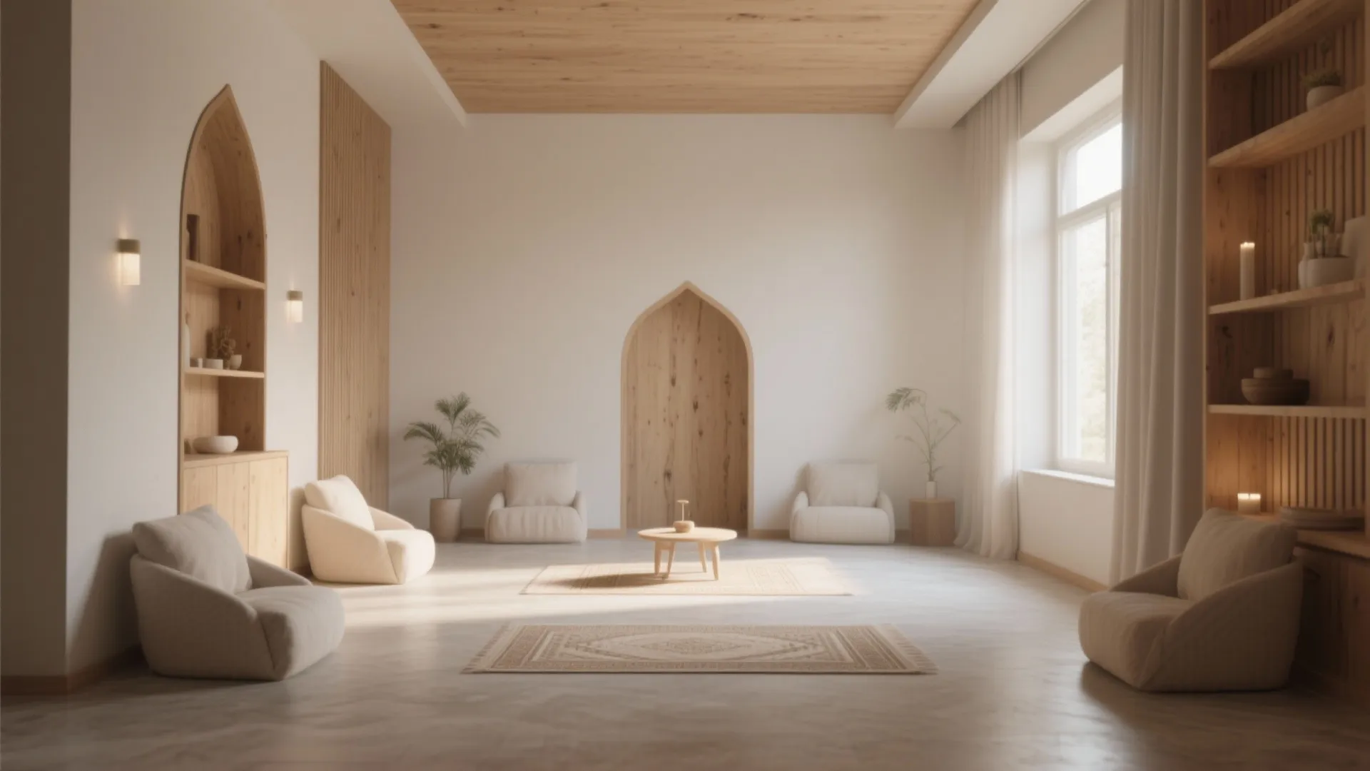 Modern open room with arched wall niches wooden ceiling white chairs and a floor rug