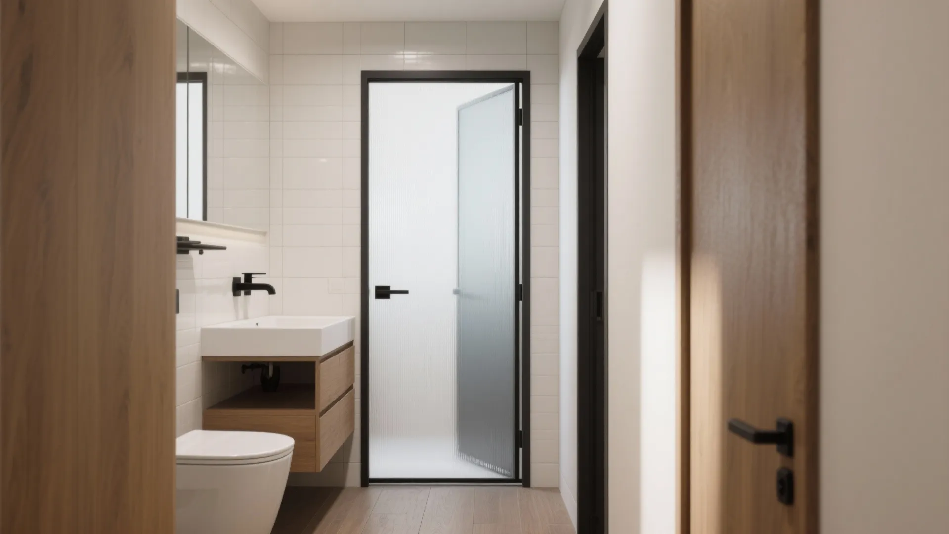Modern bathroom featuring a white sink wooden cabinet toilet and frosted glass door with black frame