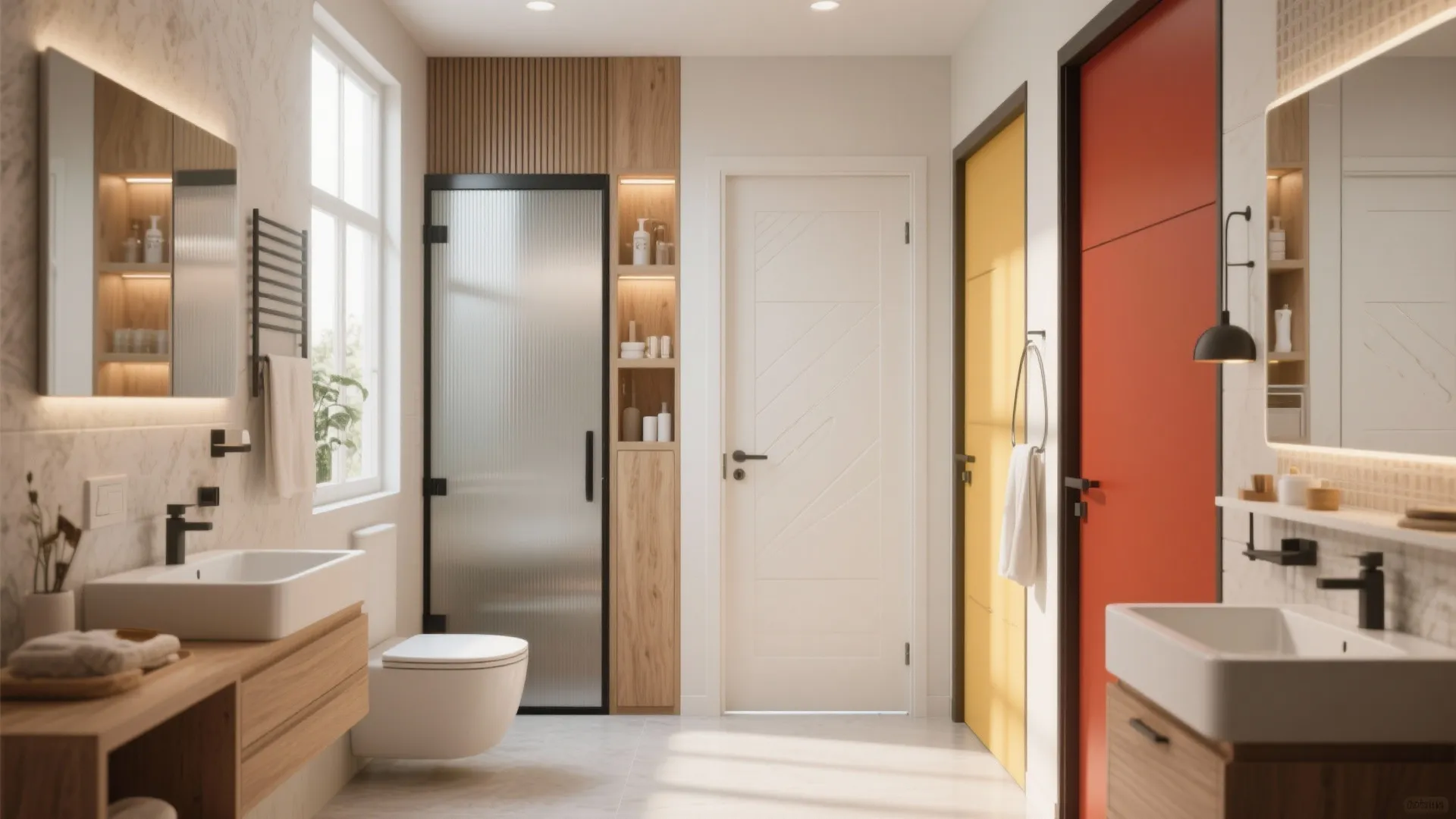 Modern bathroom with two sinks wood cabinets white toilet and colorful doors in bright space