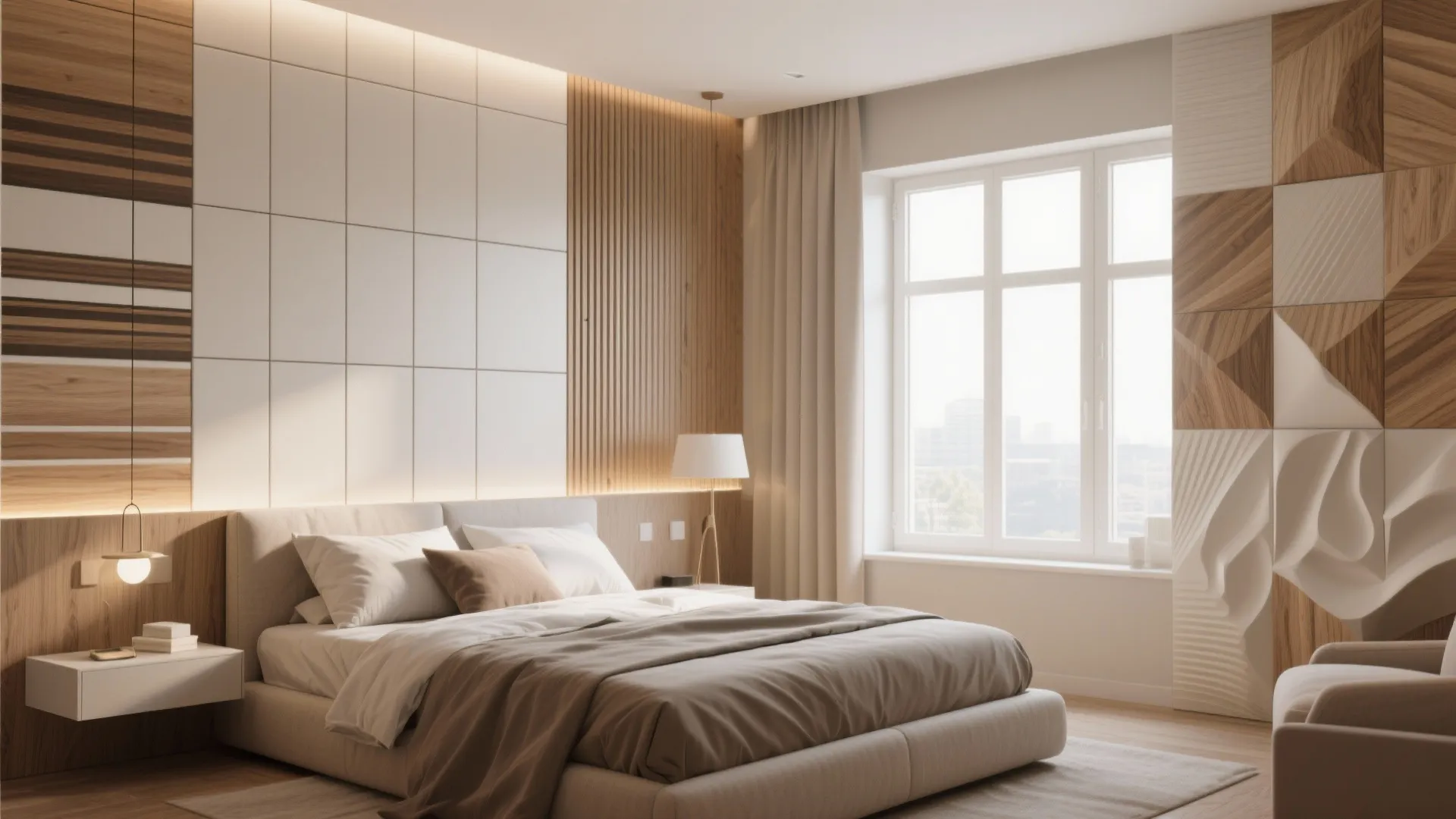 Modern bedroom with wooden wall panel, large window, comfortable bed, soft pillows, and warm lighting