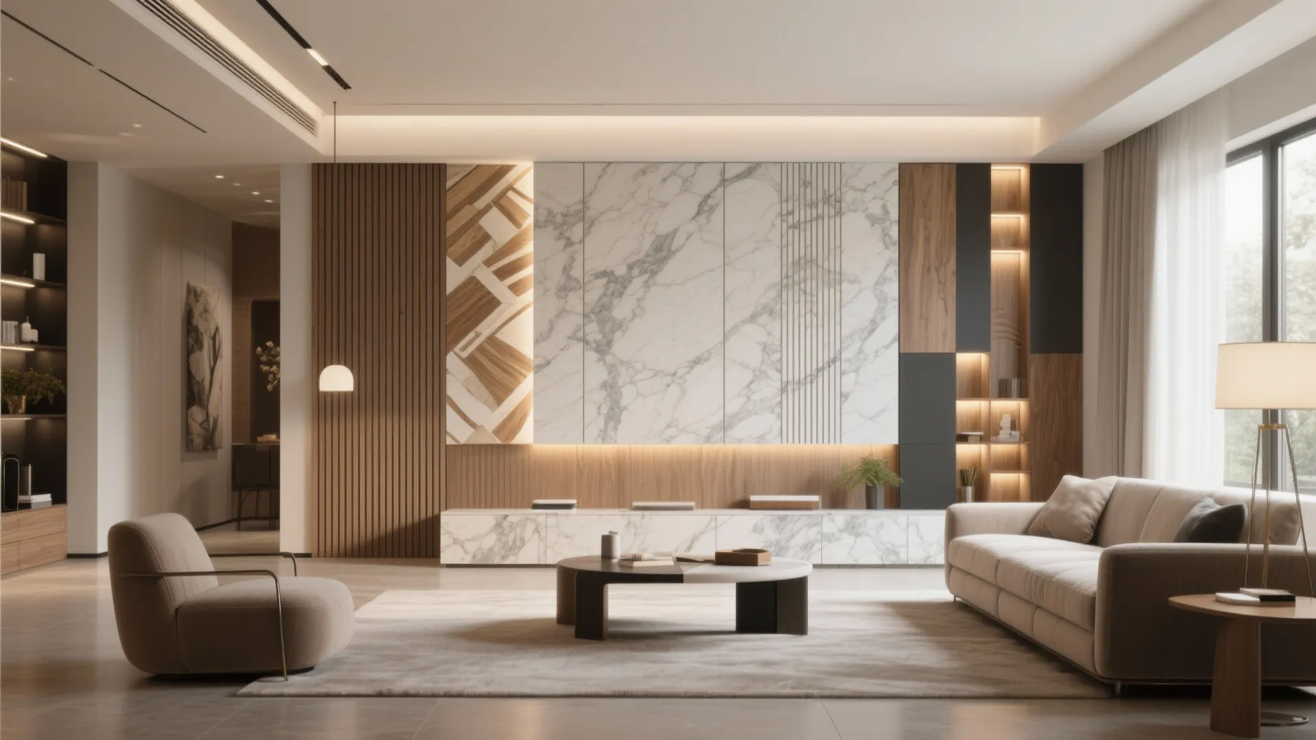 Modern living room featuring marble wall panel, wood slats, beige sofa, coffee table and warm lights