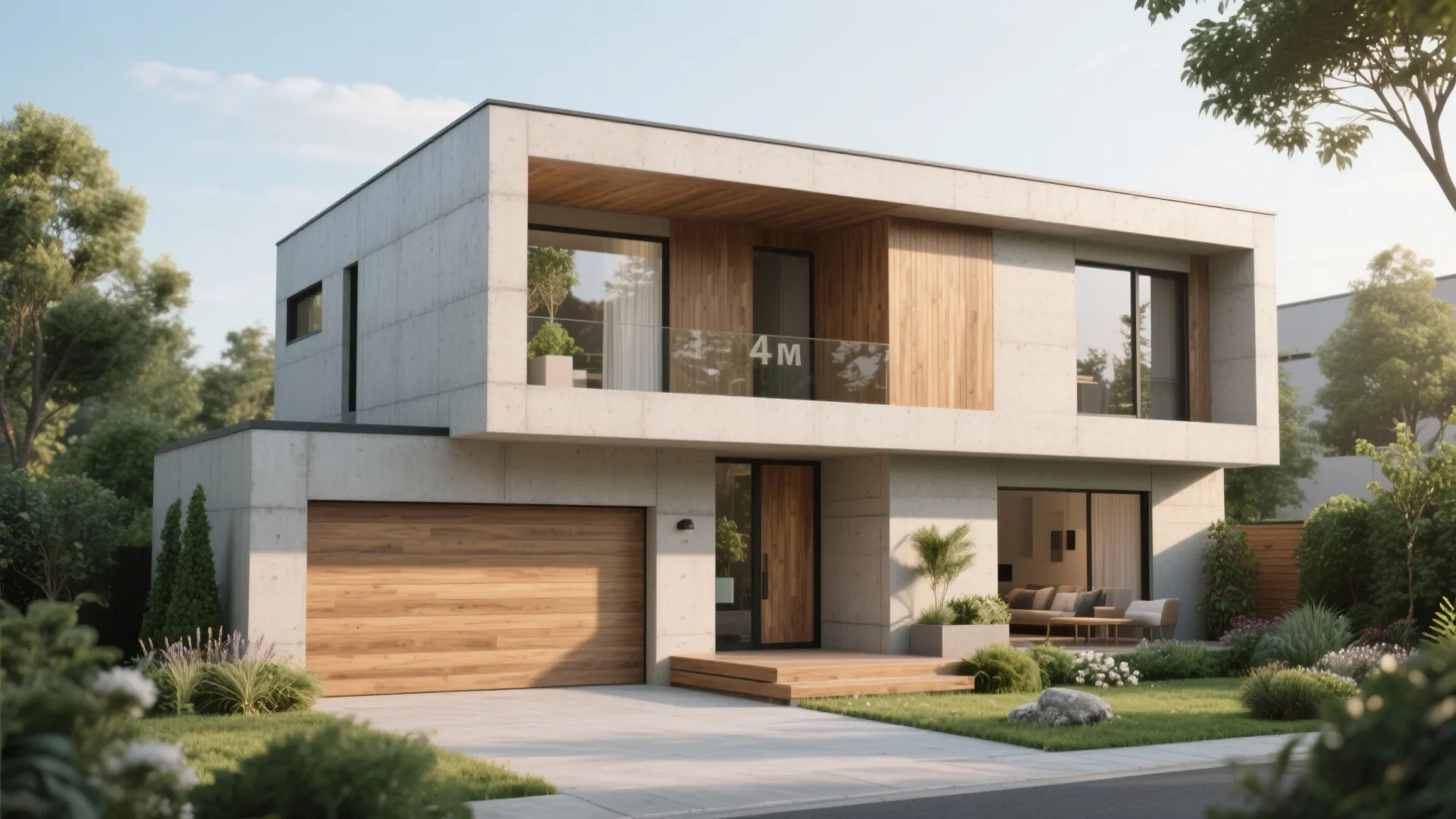 Two story modern house exterior with concrete walls wooden garage door glass balcony and green garden