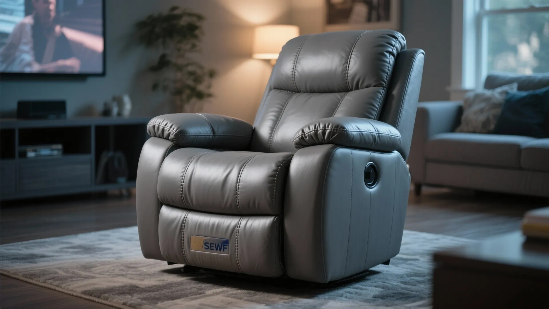 Grey leather recliner in a modern family living room